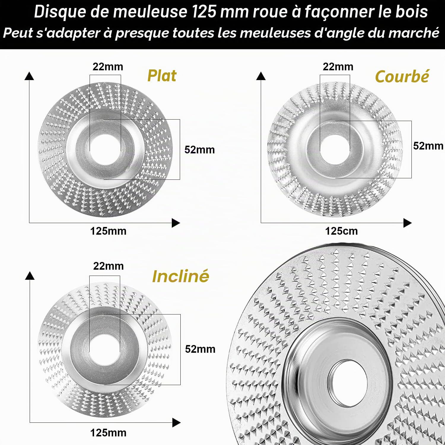 Disque Bois Meuleuse pour le Meulage 125x22mm, 3 Pièces Disques de Meulage pour Façonner Meuler et couper Roues pour Meuleuse d'angle Disque à sculpter le bois