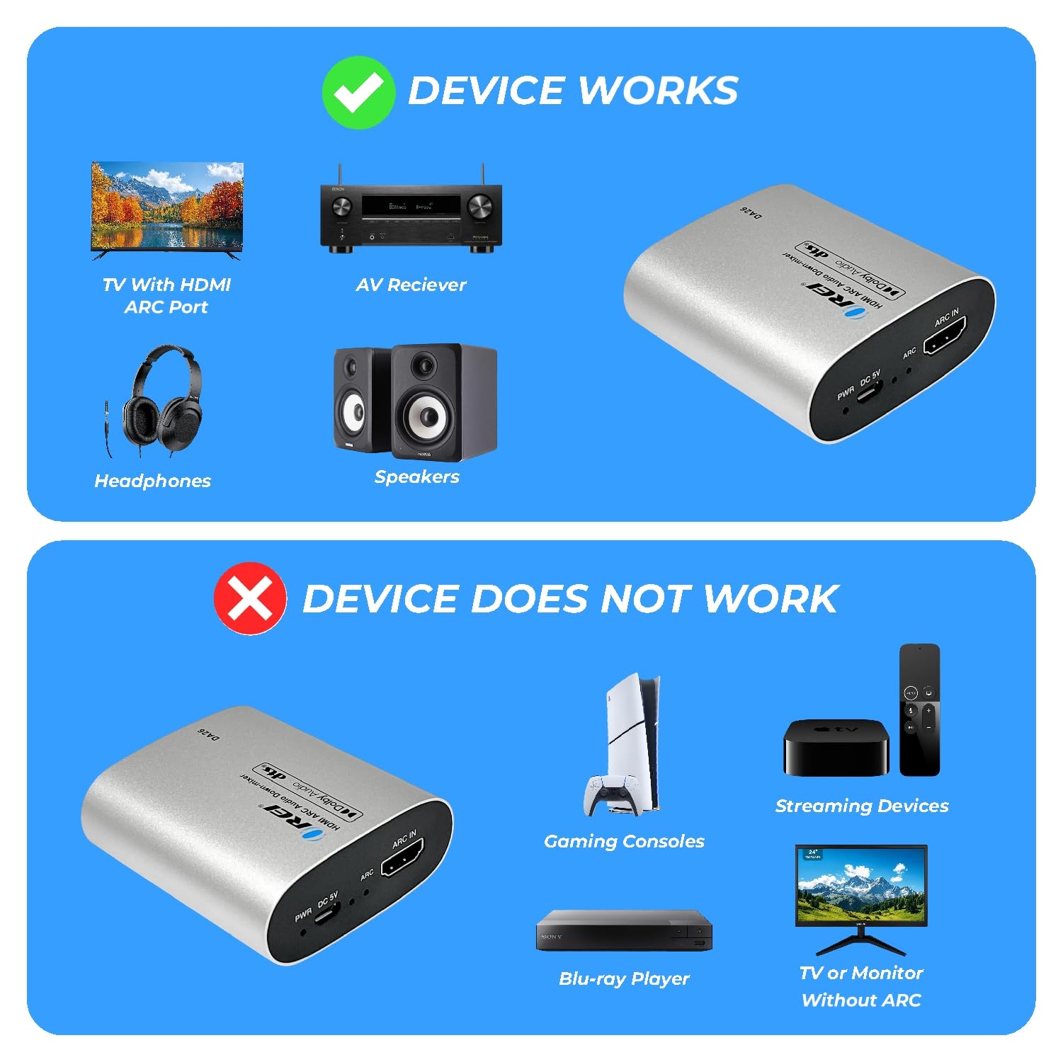 OREI Convertisseur audio analogique HDMI ARC vers RCA L/R Dolby Audio DTS avec prise jack 3,5 mm prise en charge sorties casque/haut-parleur – Convertisseur HDMI ARC vers audio analogique