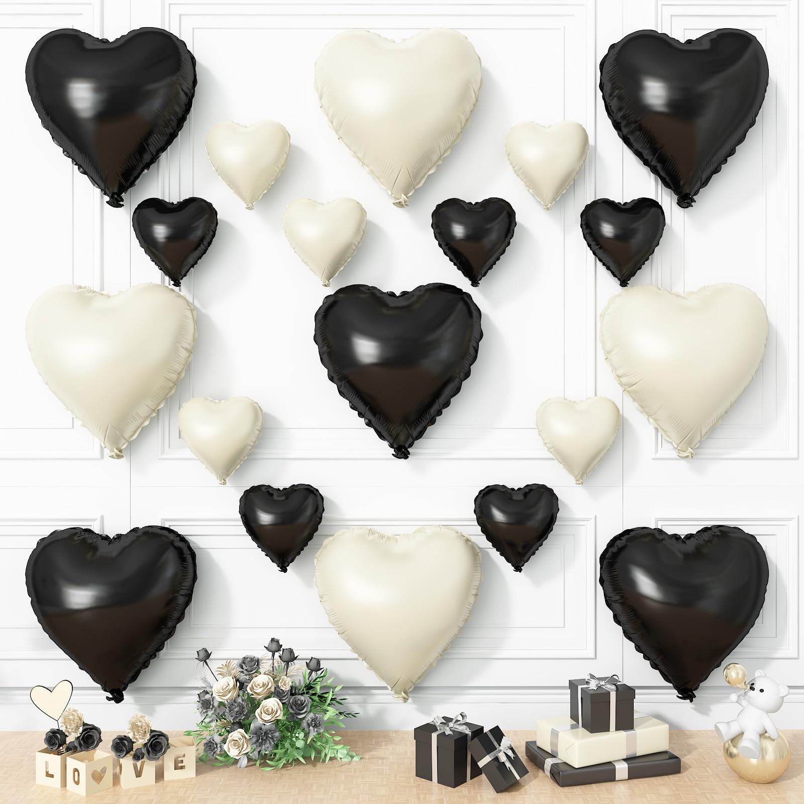 Black White Heart Balloons, 19PCS Black and Cream White Heart Shape Balloon, 18Inch with 10Inch White Sand Black Helium Foil Mylar Balloon for