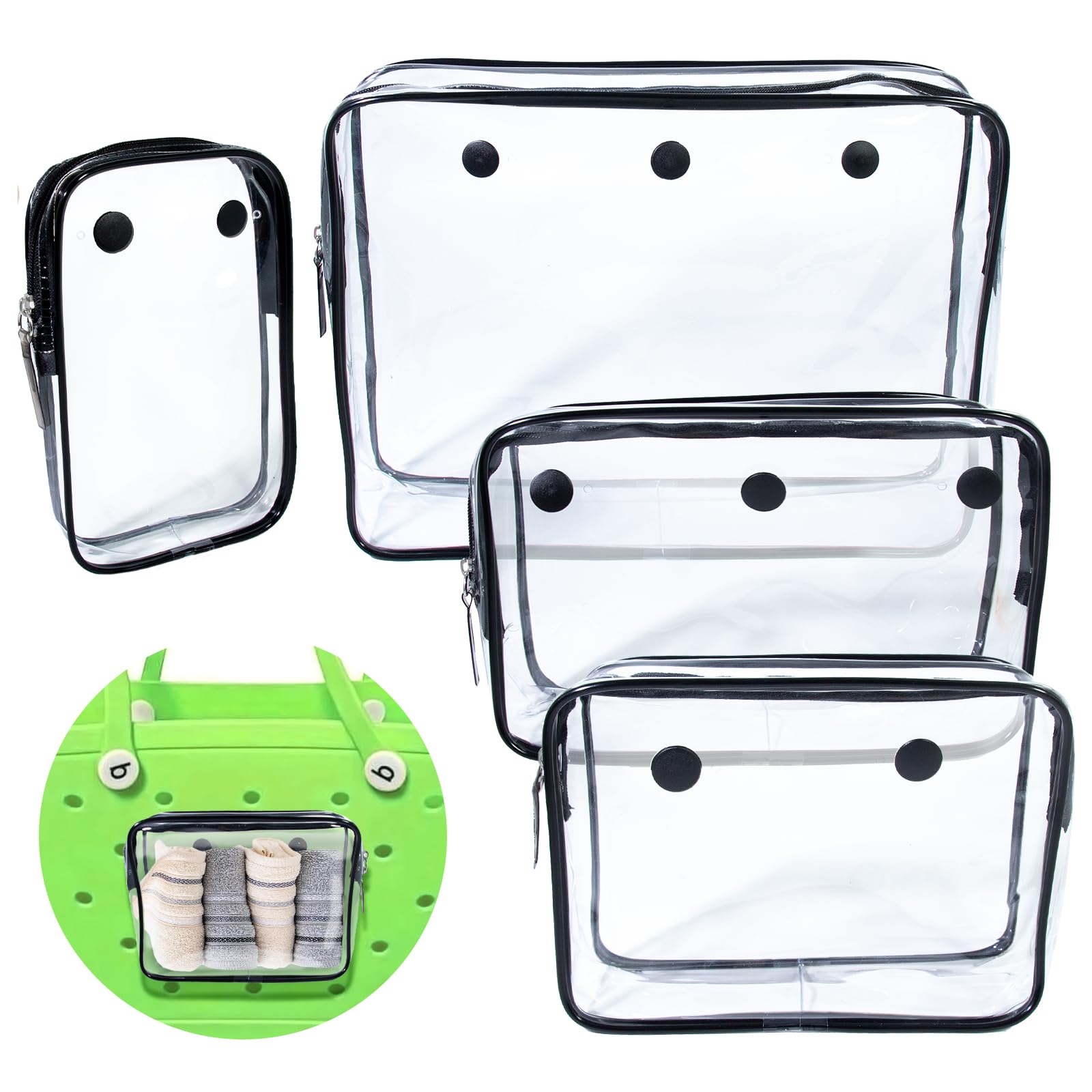 PASNOWFU4 Pcs Clear Inner Bags Set Accessories Compatible for Bogg Bag Rubber Beach Tote Bag, Waterproof Zipper Bag Accessories for Bogg Bags Cosmetic Divider Storage Inner Pouch, Black