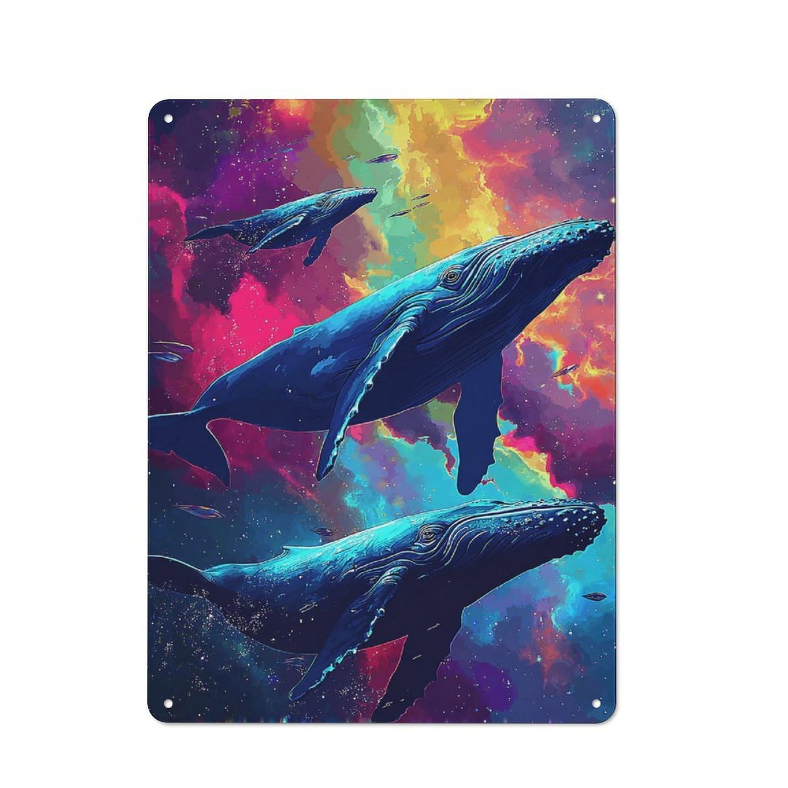 Junmoney Whales In Cosmic Colors Tin Wall Plaque 40X30cm With For Garage Or Workshop, For Living Room, Hallway And Entrance Wall Decor