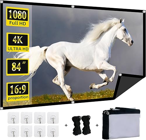 Pantalla de proyector plegable de 84 pulgadas, XINLEMY 4k 169 antiarrugas, portátil, lavable, con respaldo negro, absorbe las pantallas de películas