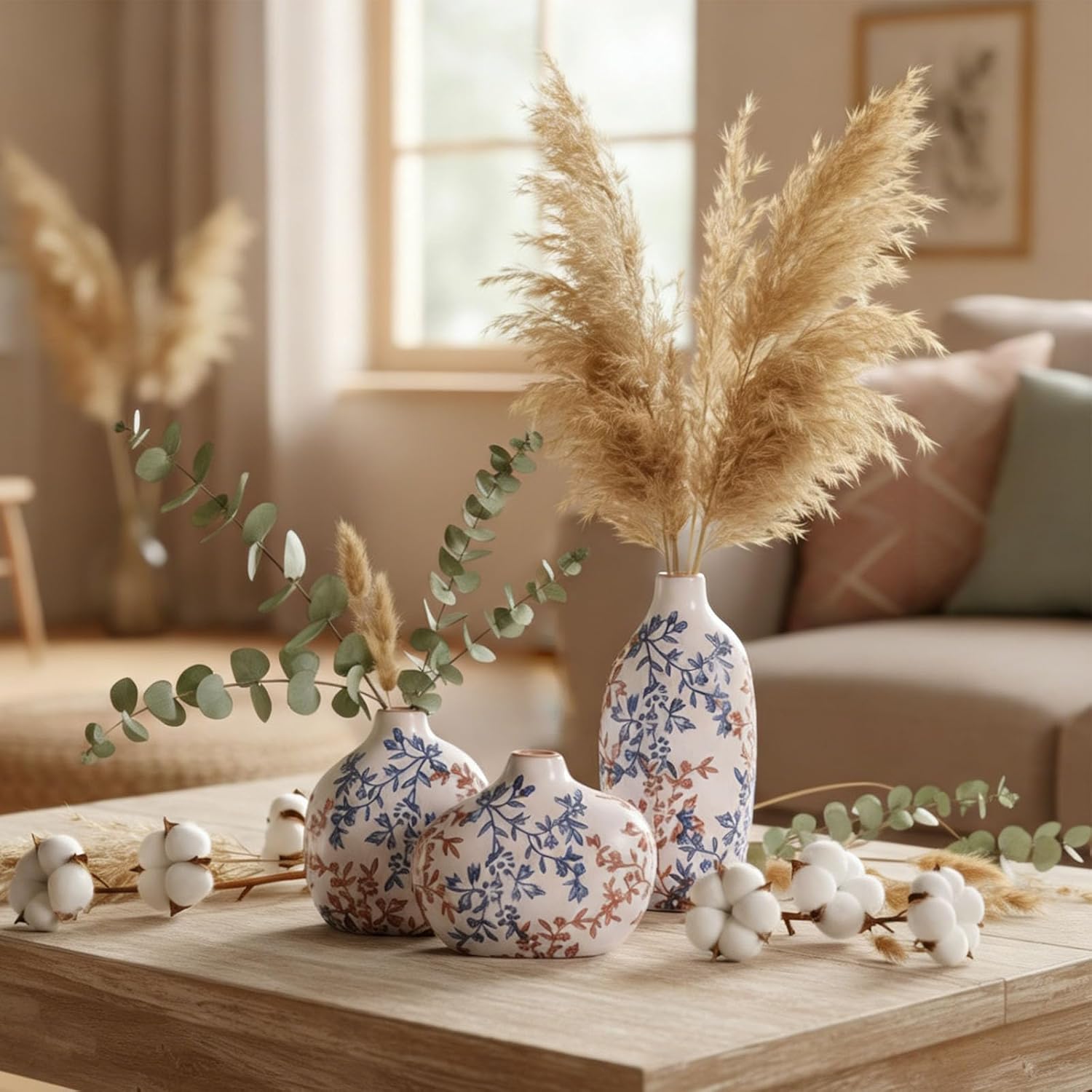 Small Ceramic Vase Set of 3,Bulk Mini Bud Vases for Flowers and Pampas Grass,Cute Boho Ellipse Home Decor for Coffee Table Centerpieces,Living Room,Office,Bookshelf,Entryway Decor (Blue Floral)