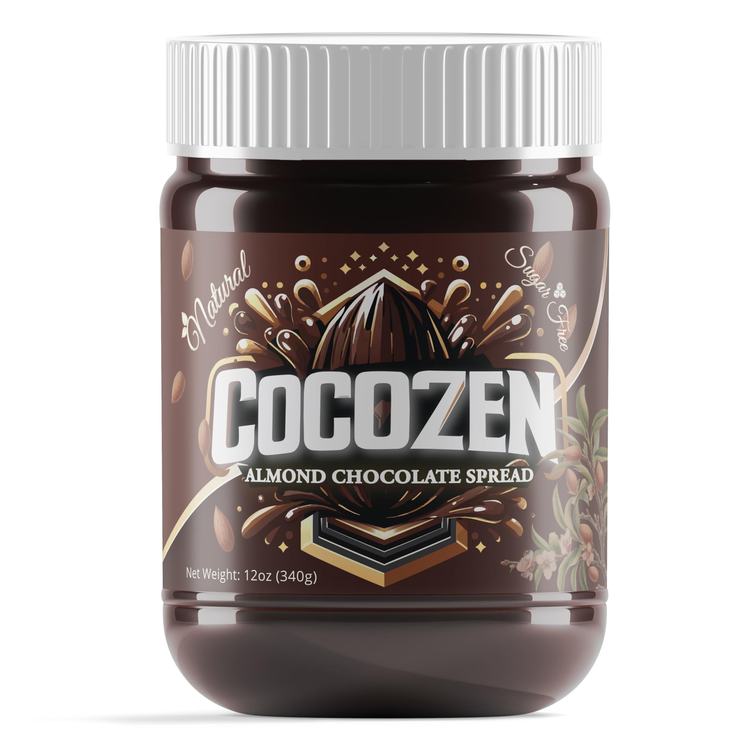 CocoZen Gourmet Almond Chocolate Spread, Blanched Almonds, Sugar-Free, Keto-Friendly, Gluten-free, Responsibly Sourced, Protein-Enriched Chocolate Indulgence, 12 oz (Pack of 1)