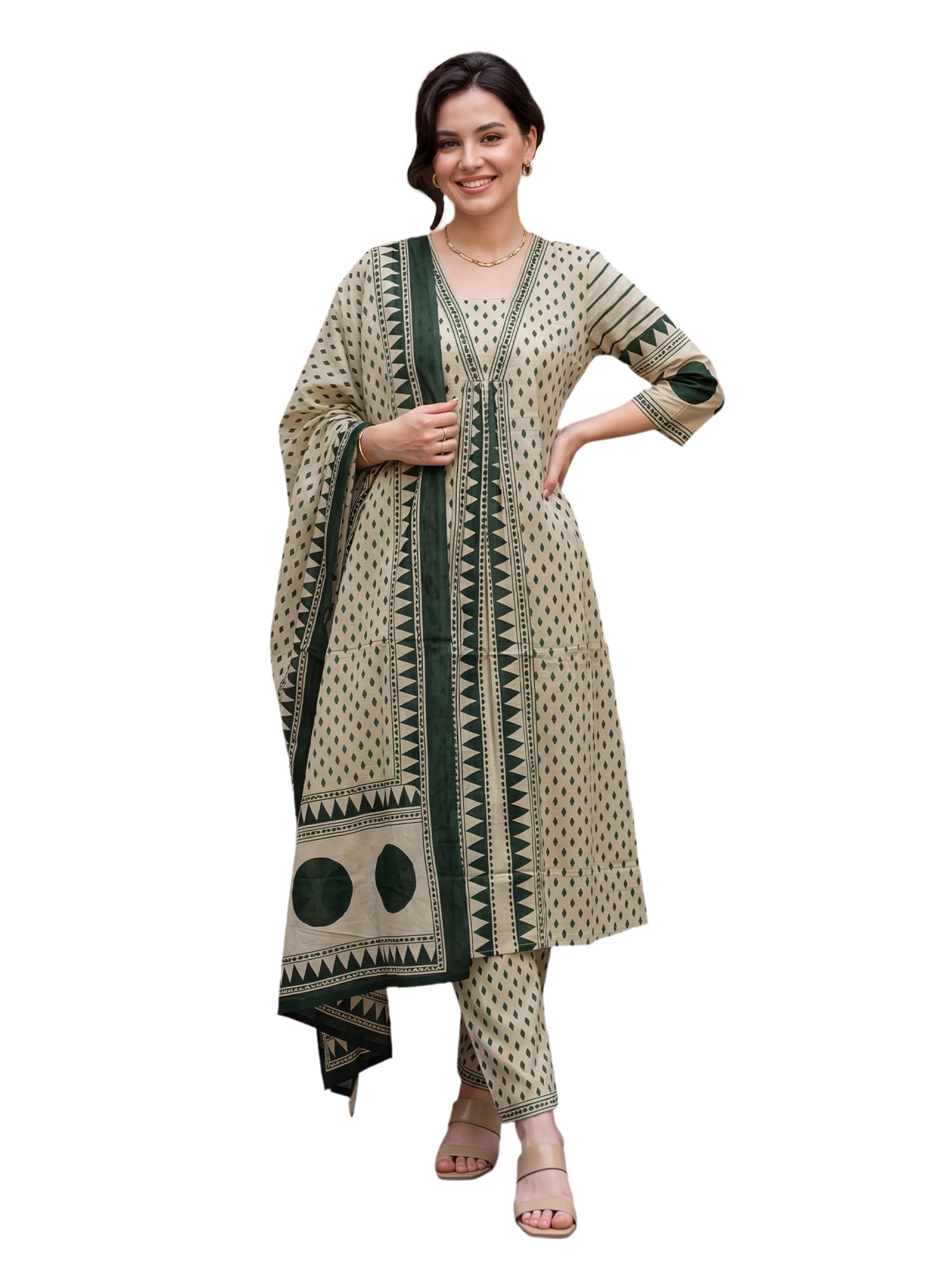 indo era Women's Pure Cotton Geometric Printed Mirror Work Kurta & Pant with Dupatta Set | Suit Set For Women Cotton-picture-25