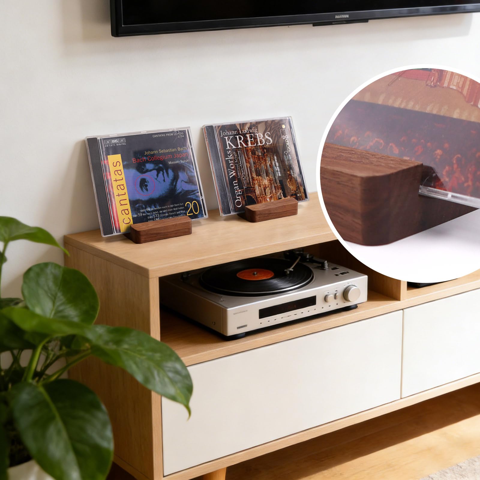 MayRecords 2 supporti in legno per CD e telefono, organizer per CD/DVD in legno massello + supporto per telefono da scrivania per media e dispositivi mobili (legno di noce nero)