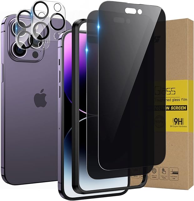 HWeggo 2+2PACK for iPhone 14 Pro Max Privacy Screen Protector with Camera Lens Protector,Free Case Friendly with Easy Installation Tray,HD Clear 9H Hardness Anti Spy Black Private Tempered Glass Film