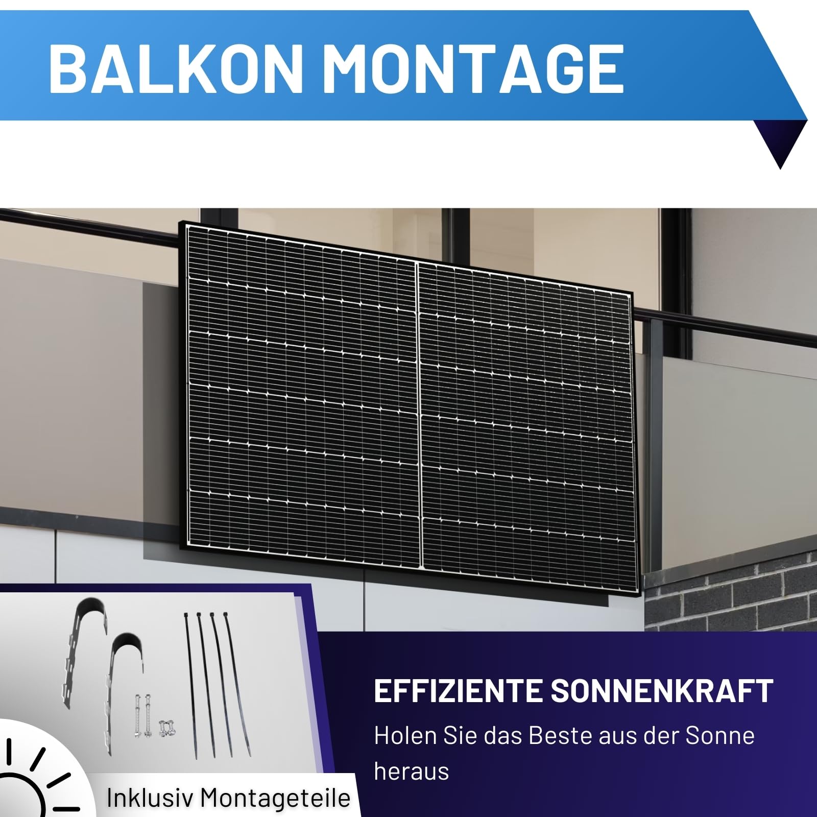 Balkonkraftwerk Komplettset I 890Wp Solarmodul, Hoymiles HMS-800W-2T Wechselrichter, flache 0° Balkonmontage & 10m Kabel I Bifaziale Solaranlage für 20% mehr Stromgewinnung von Zuhause