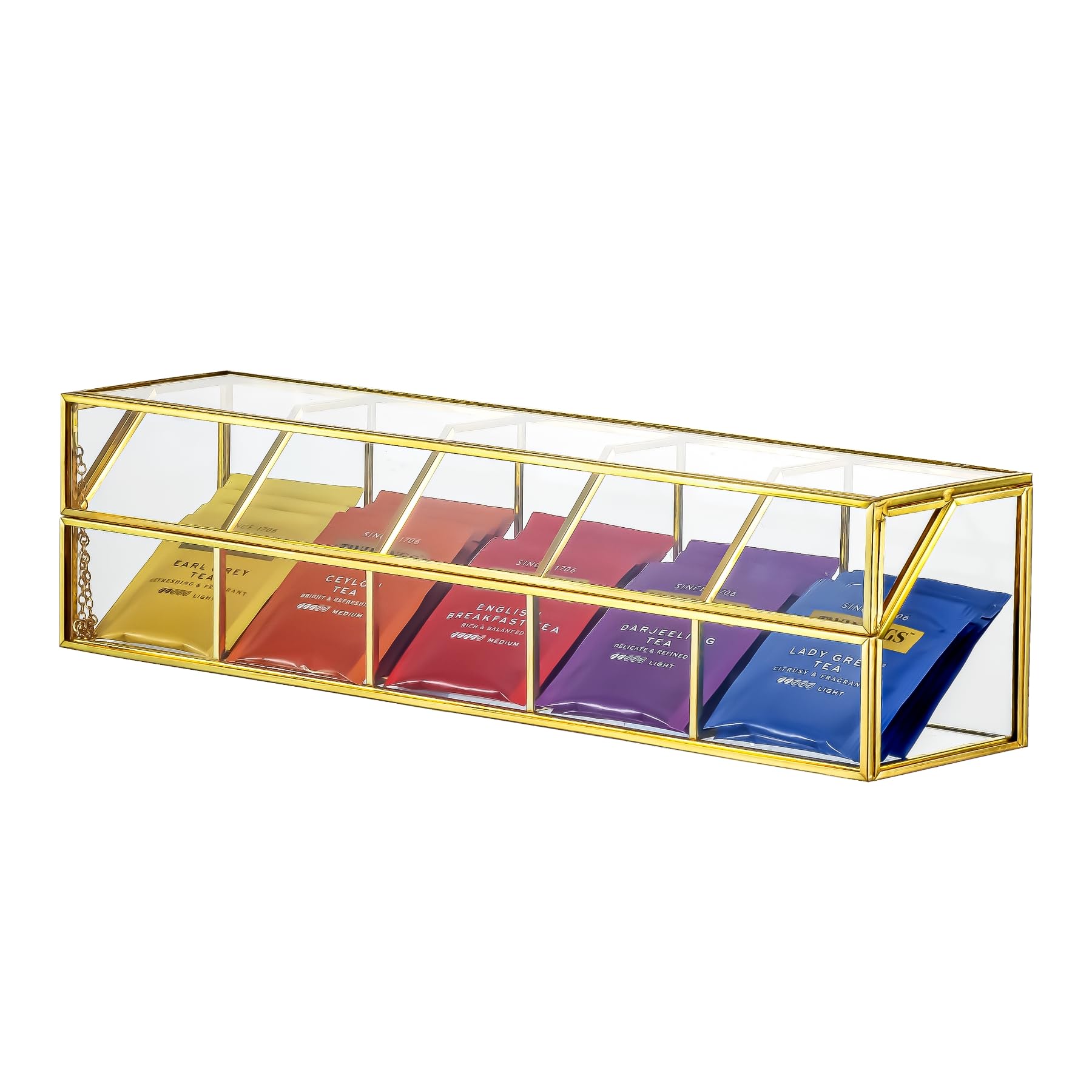 NCYP Glass Tea Bags Organizer with 5 Grids Compartments, Indoor Counter Top Brass Display Case with Lid, Storage Box, Gold, Decor, Handmade, 14.5x3.6x3.66 Inches (Glass Box Only)