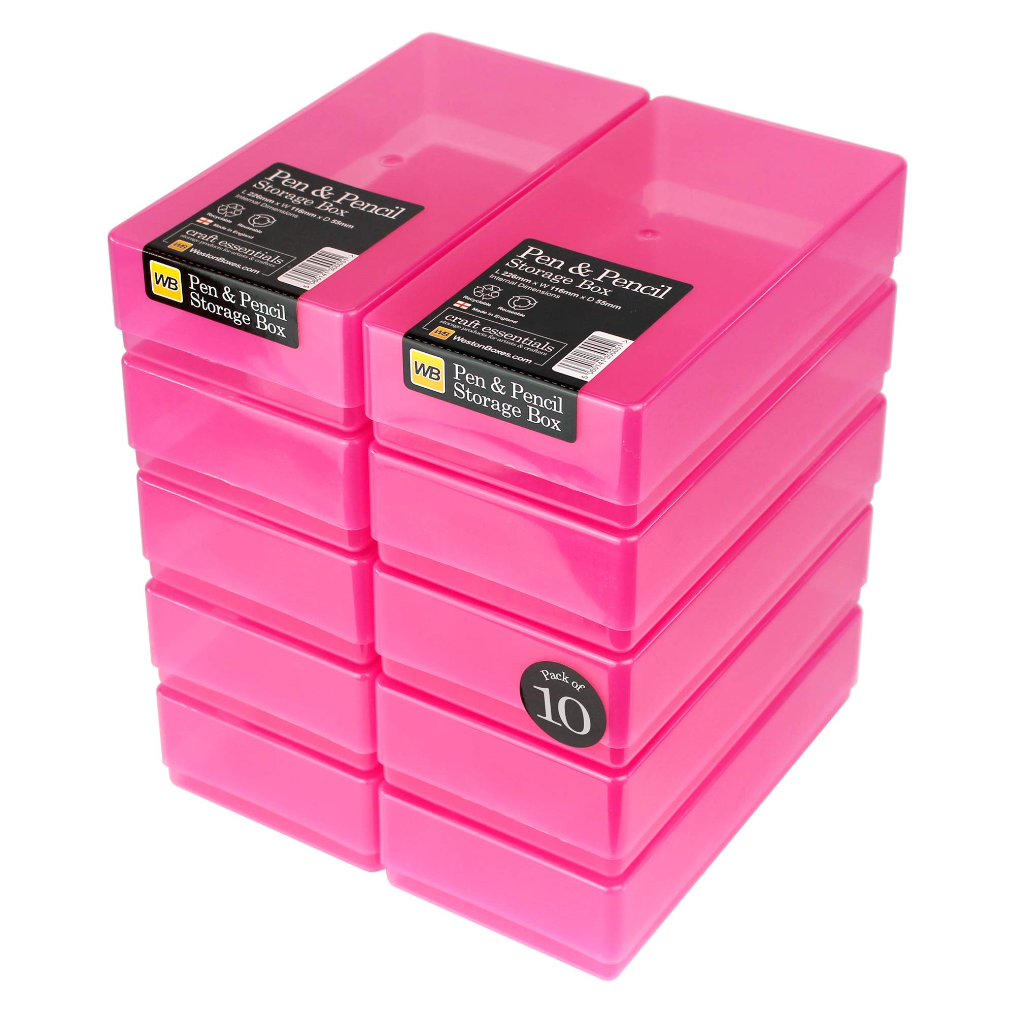 WestonBoxes Plastic Storage Boxes with Lids For Pens, Pencils and Stationery - 1.4 Litre Volume (Pink, Pack of 10)