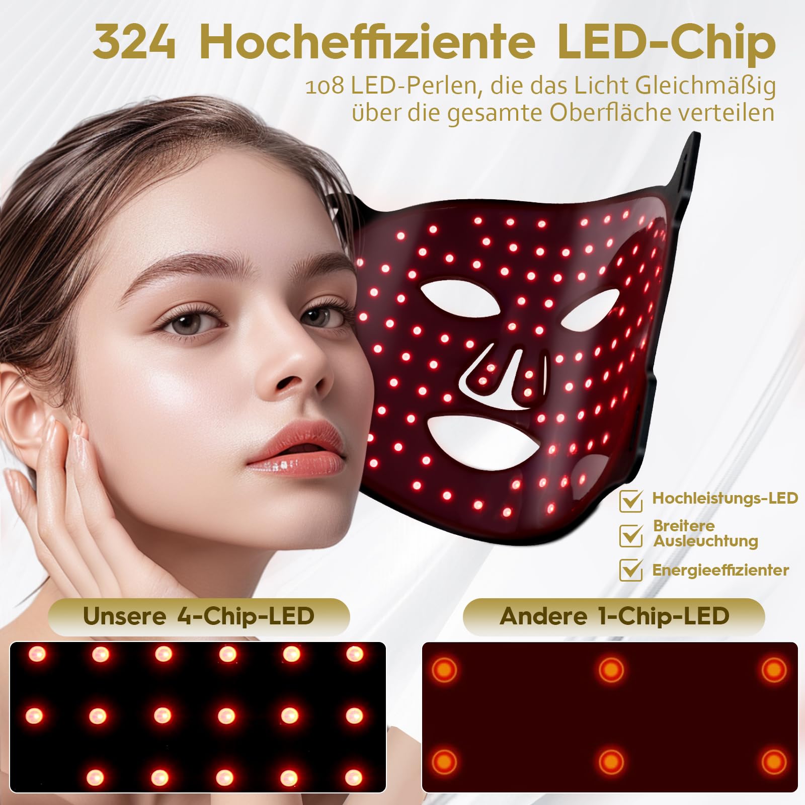 LED Gesichtsmaske 625nm Rotlicht Maske Gesicht 108 LEDs, 7 Farben | 324 Chips, 7 Beleuchtungsmodi und 3 Einstellbare Helligkeitsstufen, Wiederaufladbare，für Straffung und Revitalisierend