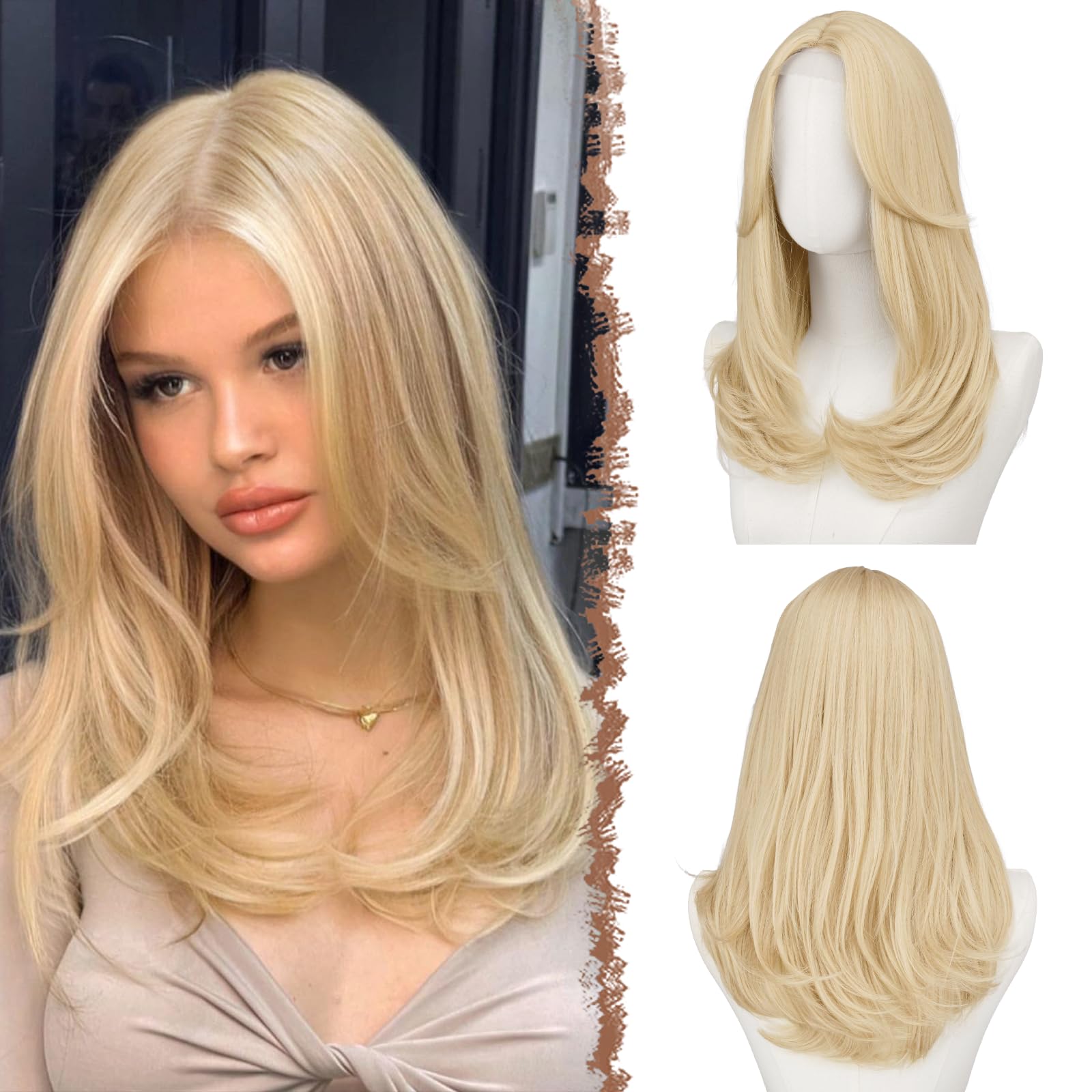 FESHFEN Lace Front Parrucca - Parrucca Donna con Frangia Natuaral Ondulata Biondo Platino Wigs Sintetici Lunga Parrucche per Quotidiano Carnevale Festa, 45 cm