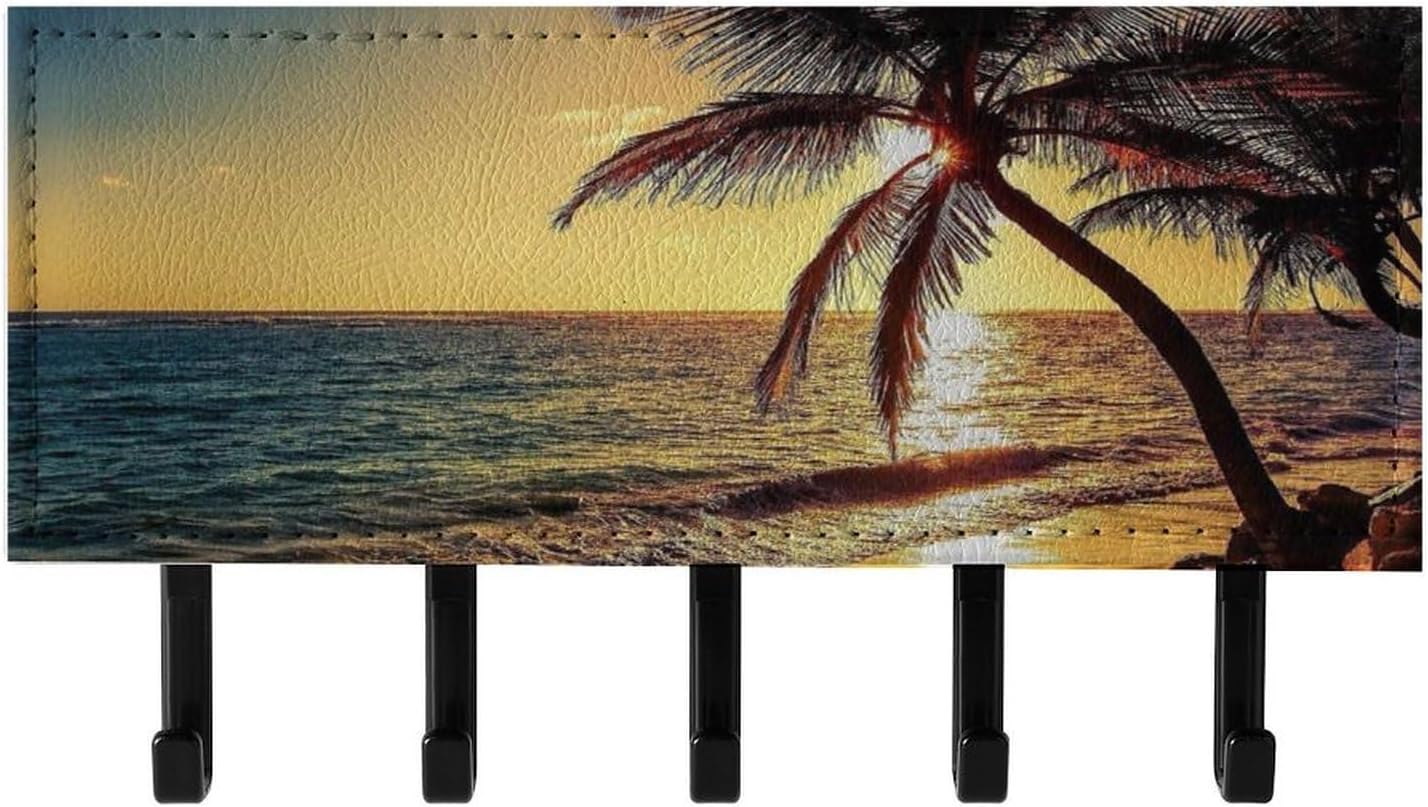 Key Holder Wall Mount Key Hanger with 5 Hooks, Decorative Key Rack | Night Beach View Hanging Key Hooks with Mail Organizer for Wall Living Room Kitchen Bathroom Hallway