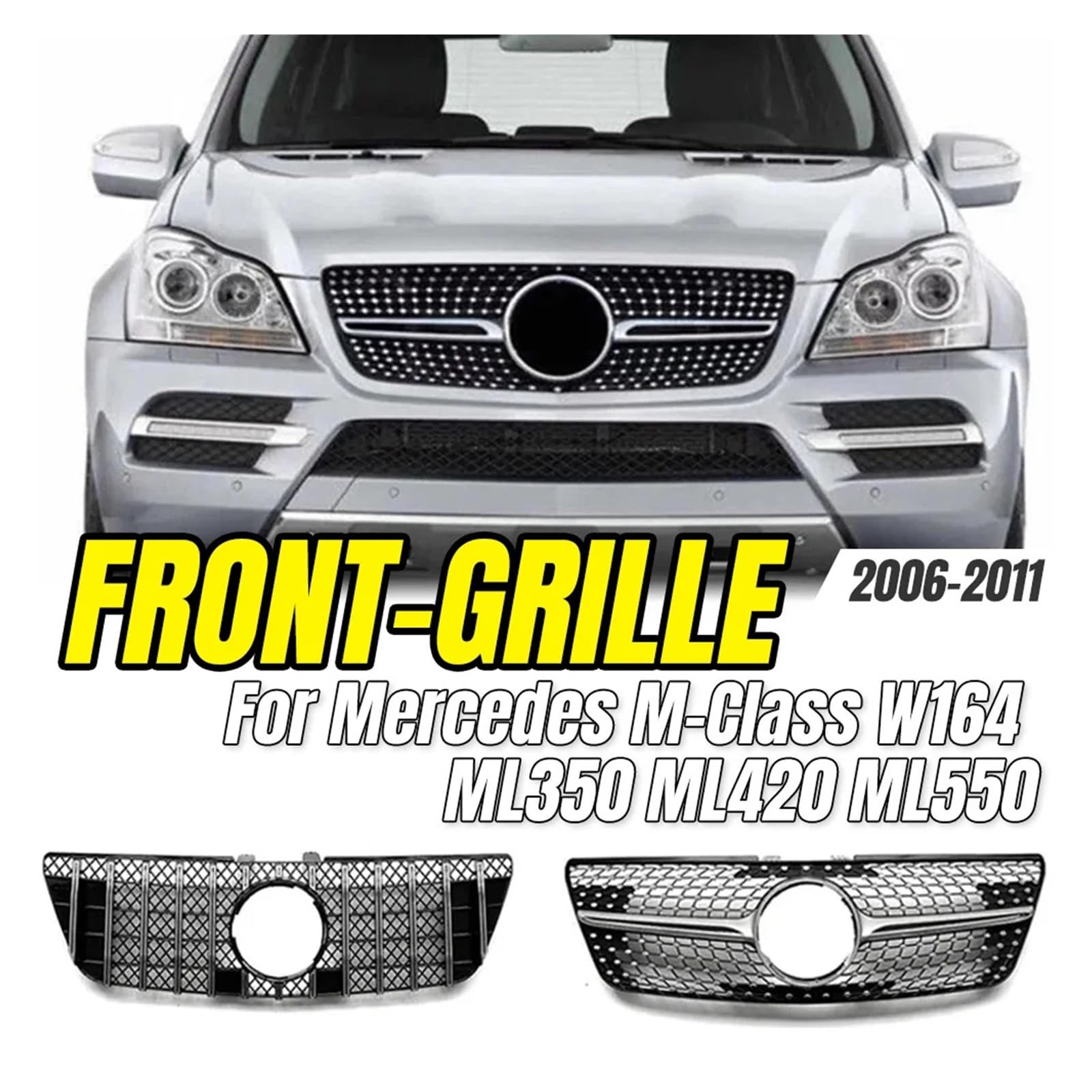 Pasuje do Merc//edes klasa M W164 ML350 ML420 ML550 2006-2011 | Front Bumper Grille,Diamond GT Style Front Hood Grille Racing Bumper Grill(05-07Diamond Silvery)