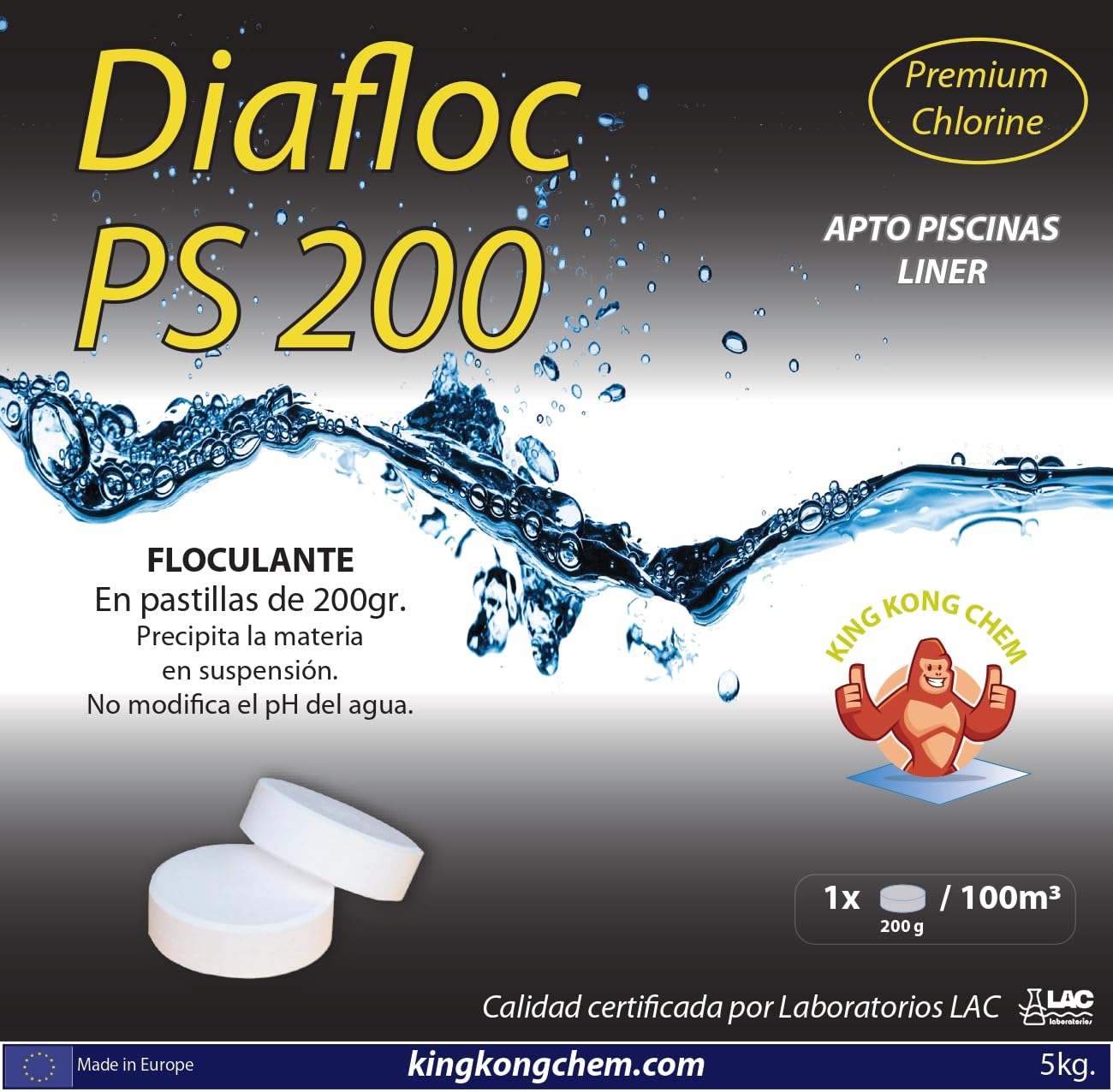 DIASA INDUSTRIAL Floculante en Pastillas 200 gr DIAFLOC PS 200-5 KG - Clarificante Piscinas Grandes - Elimina particulas en suspensión - Apto Piscinas Liner
