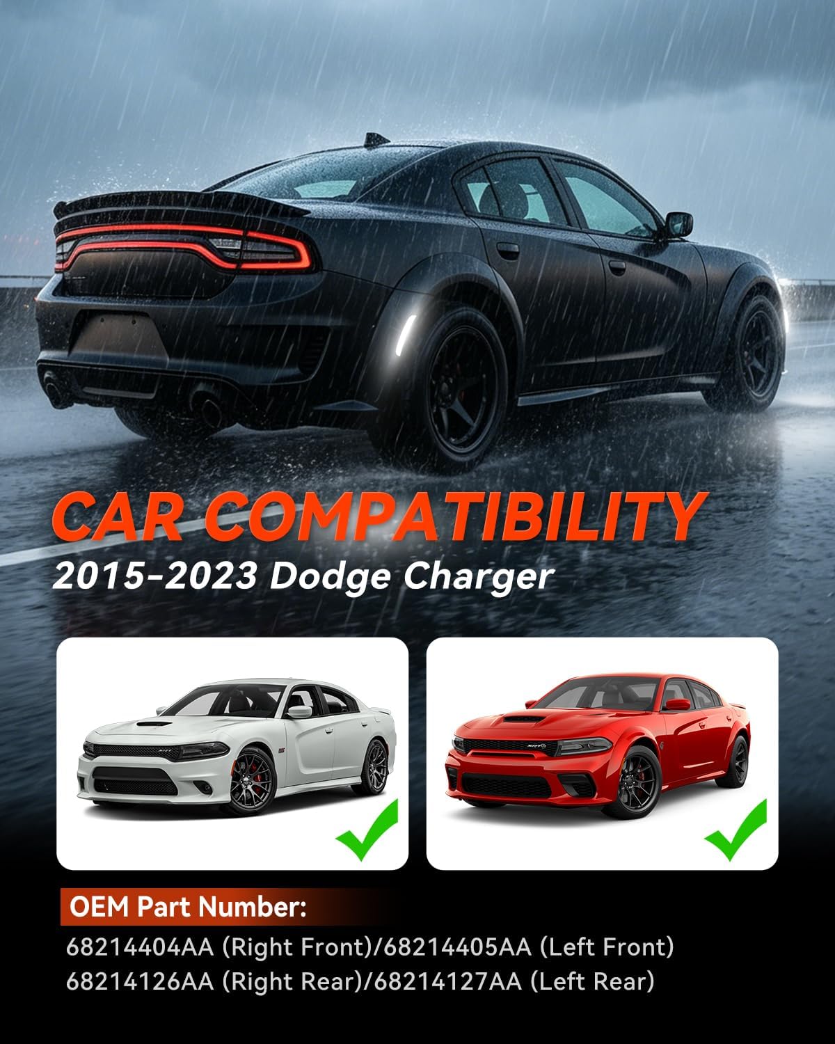 SUPAREE White LED Side Marker Lights Fit For Dodge Charger 2015-2023, DOT&SAE Certified Front & Rear Bumper Lamps 4PCS，Double Row 46x4 LEDs with Smoked Astigmatic Lens, Plug-N-Play Design