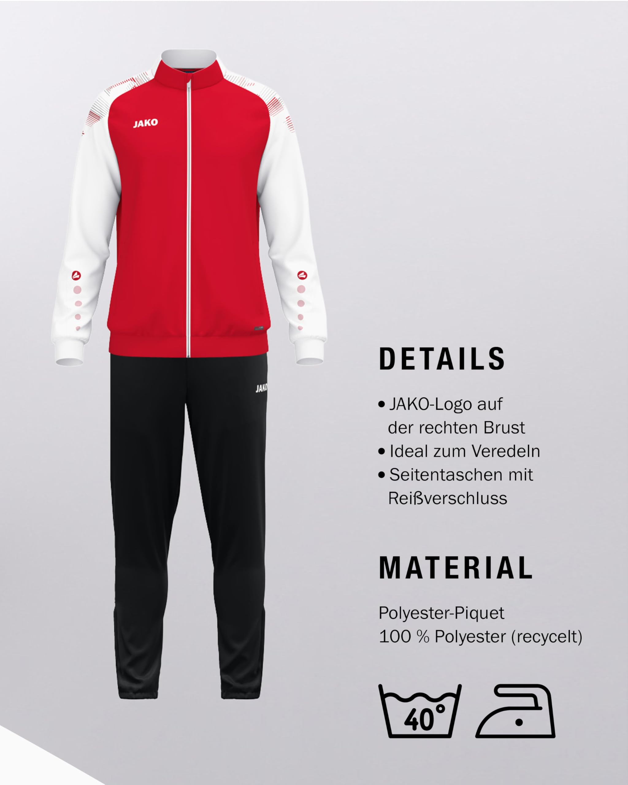 JAKO Polyesteranzug Sonic – Vielseitiger Sportanzug Herren & Damen für Training, Sport & Freizeit mit Keep Dry-Funktion, 100% recyceltes Polyester