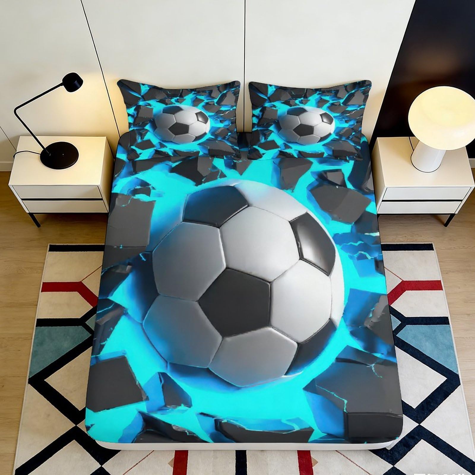 3D Printed Football Breakthrough Fitted Sheet Microfiber Soft Breathable Soccer Explosion Bed Cover for Bedroom Guest Room Decor 180x200x25cm