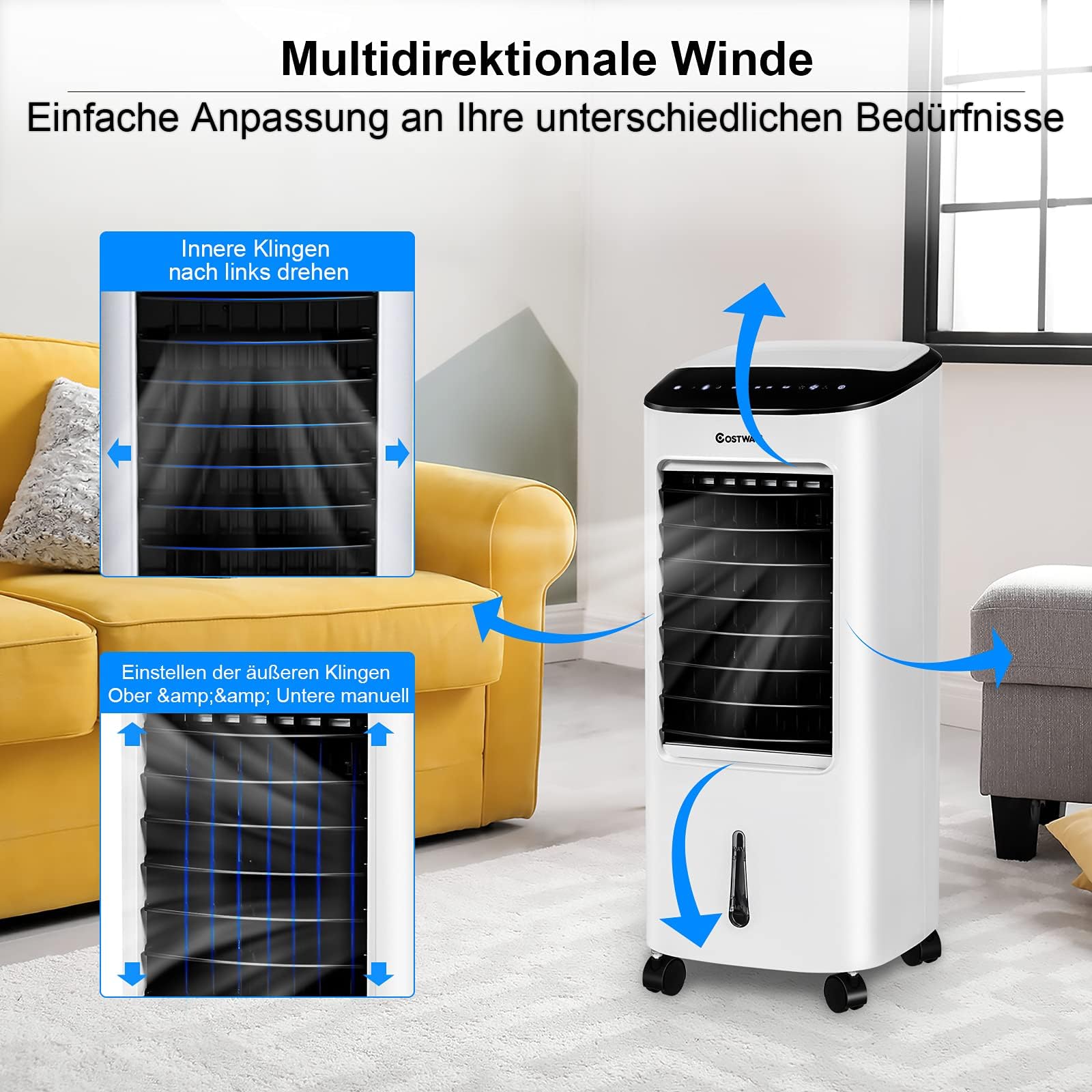 COSTWAY mobile Klimaanlage ohne Abluftschlauch inkl. 2 Kühlakkus | 3 in 1 Klimagerät Luftkühler Luftbefeuchter 75W / 7L Tank / 8H Timer / Fernbedienung / 2 Kühlakkus / 3 Stufen