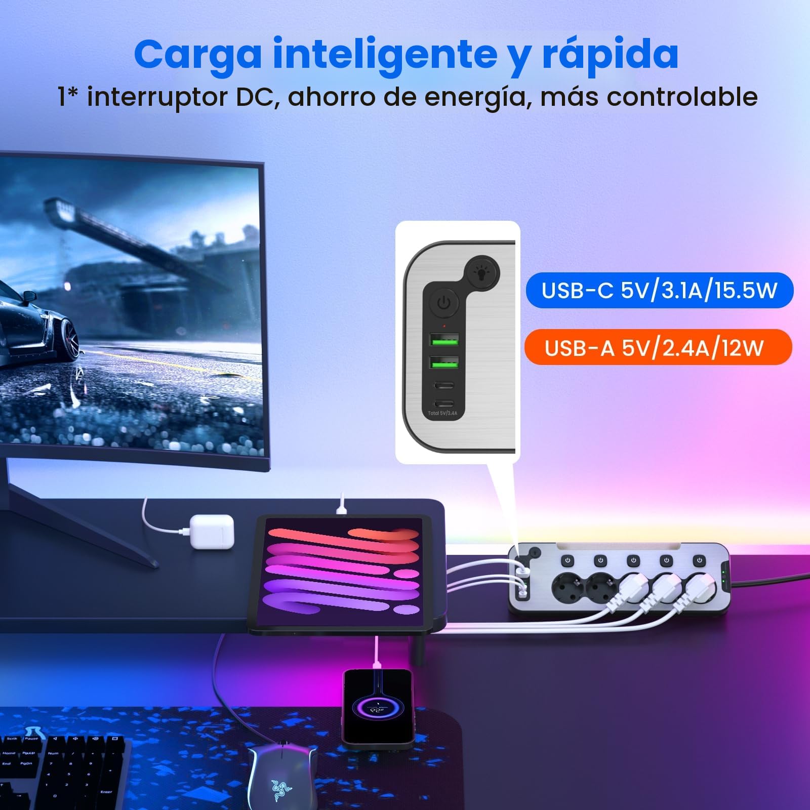Regleta Enchufes Esquina con USB C,5 Tomas Enchufe Multiple Proteccion Sobretension,Ladron Interruptore Individuale,Regleta Escritorio Panel Frontal de Metal Encimera Cocina Alargador 2M Cable,Negro