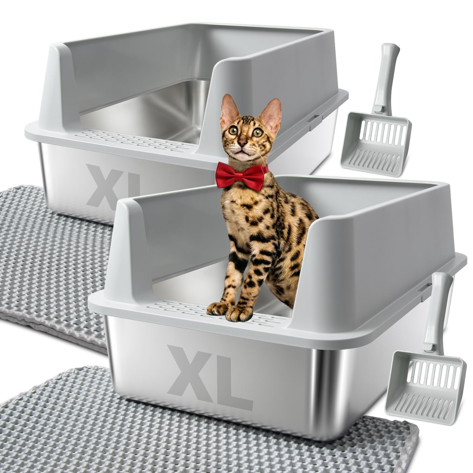 2Pack Stainless Steel Litter Box, XL Extra Large Cat Litter Boxes for Big Cats, Metal Litter Box with Lid High Sides, Leak-Proof, Never Absorbs Odors, Easy Cleaning, Non-Stick, Scoop Included