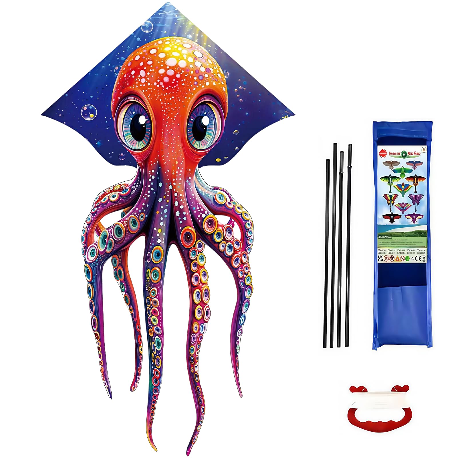 Large Octopus Kite, 98x56inch Single Line Colorful Kite with Long Tail Beginner with Winding Handle and 100m Line Outdoor Beach Park Games Activities