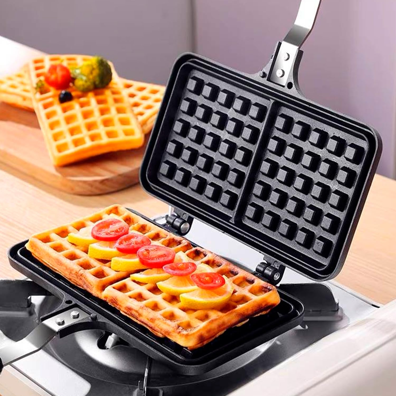 Moule à Gaufres, Poêle à Gaufres Portable en Fonte, Moule à Gaufres Domestique, Moule à Gâteaux, Moule à Gaufres Antiadhésif Double Face