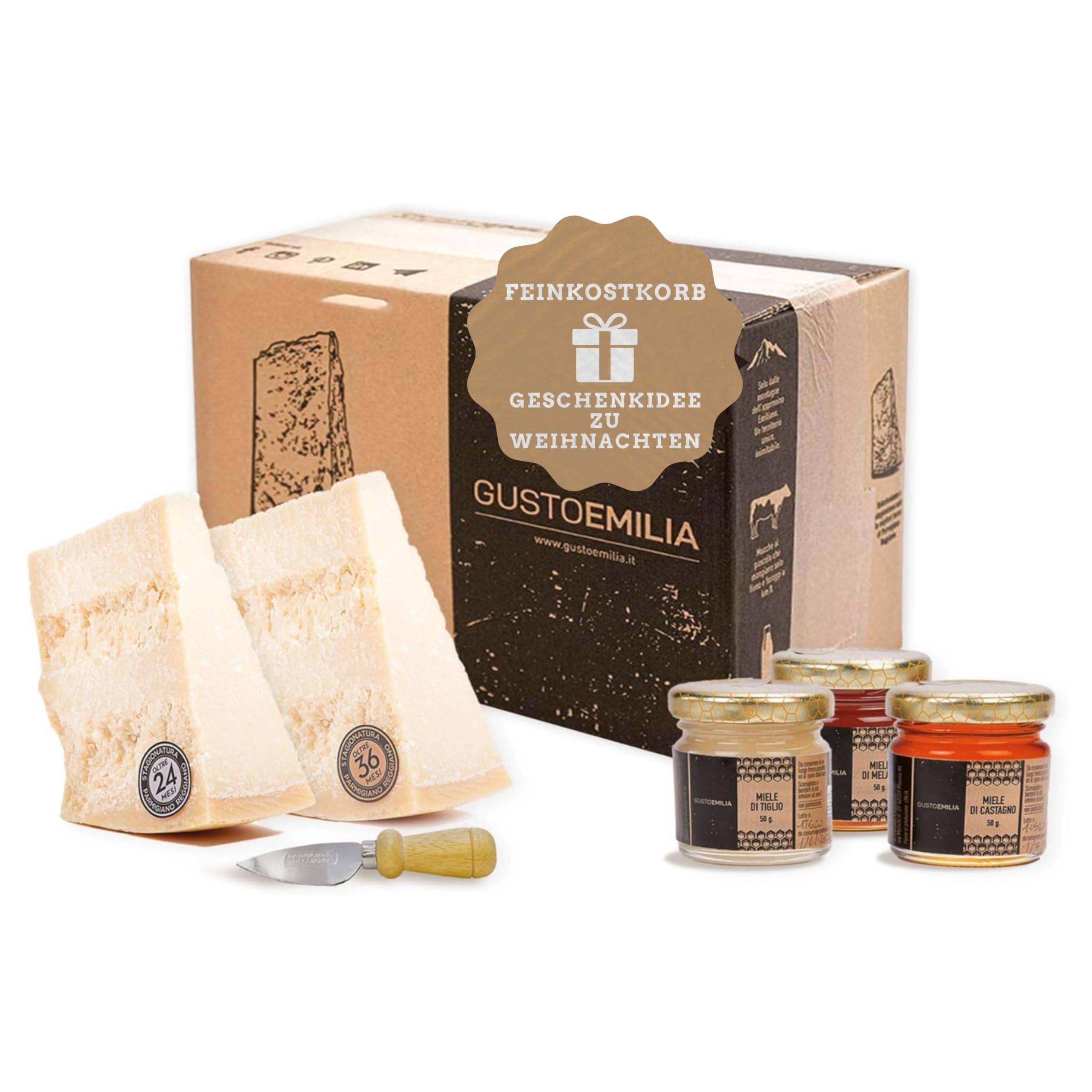GUSTOEMILIA Gourmetkorb Käse & Honig - Reifer Parmigiano Reggiano (2 x 500 g) & Honig (3 x 50 g), Kastanien-, Linden- und Honigtauhonig - Italienischer Spezialitäten Geschenkkorb für alle Anlässe
