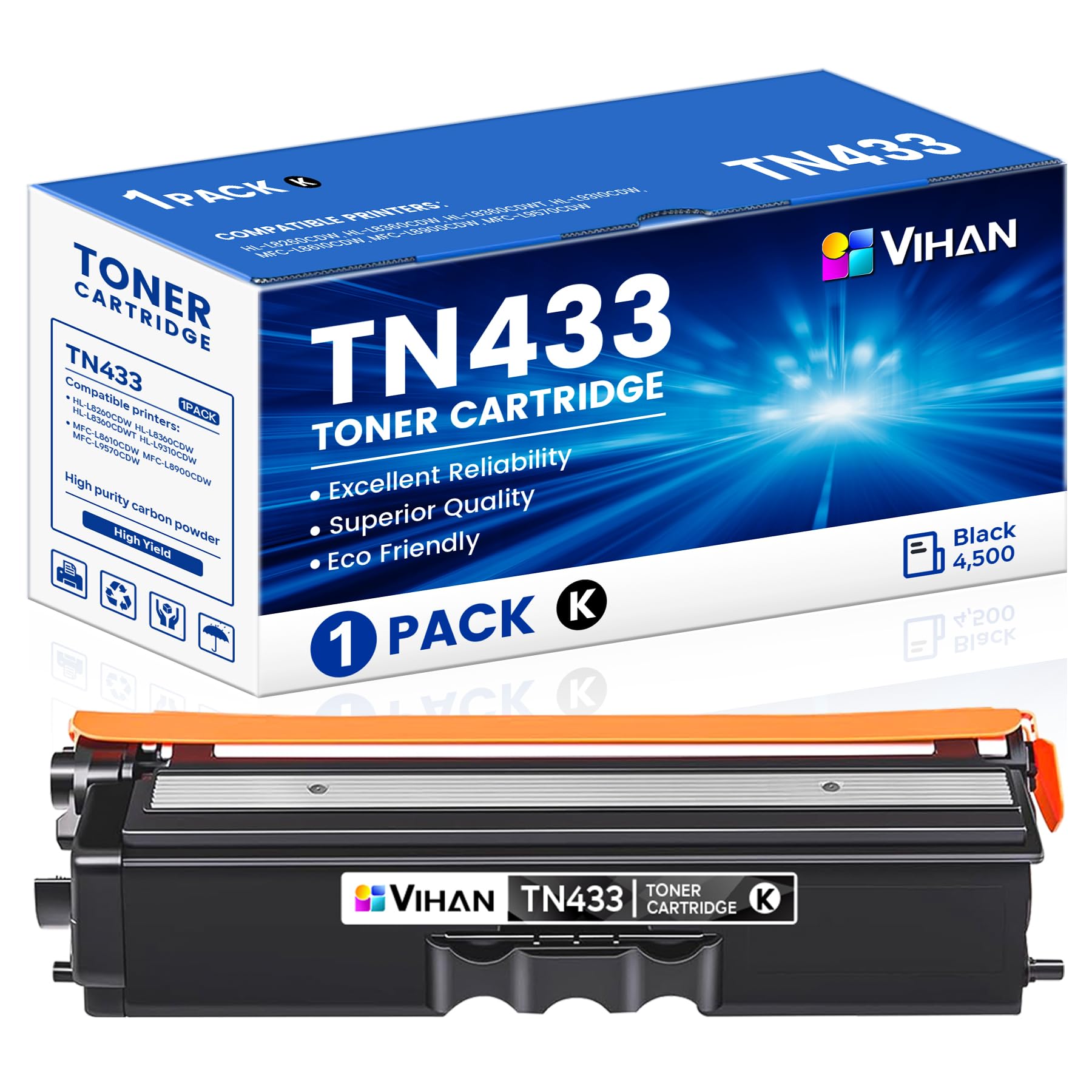 TN-433 TN433BK Toner Cartridge 1 Pack Replacement for Brother TN433 TN433BK Toner Cartridge HL-L8360CDW MFC-L8900CDW Printer Ink