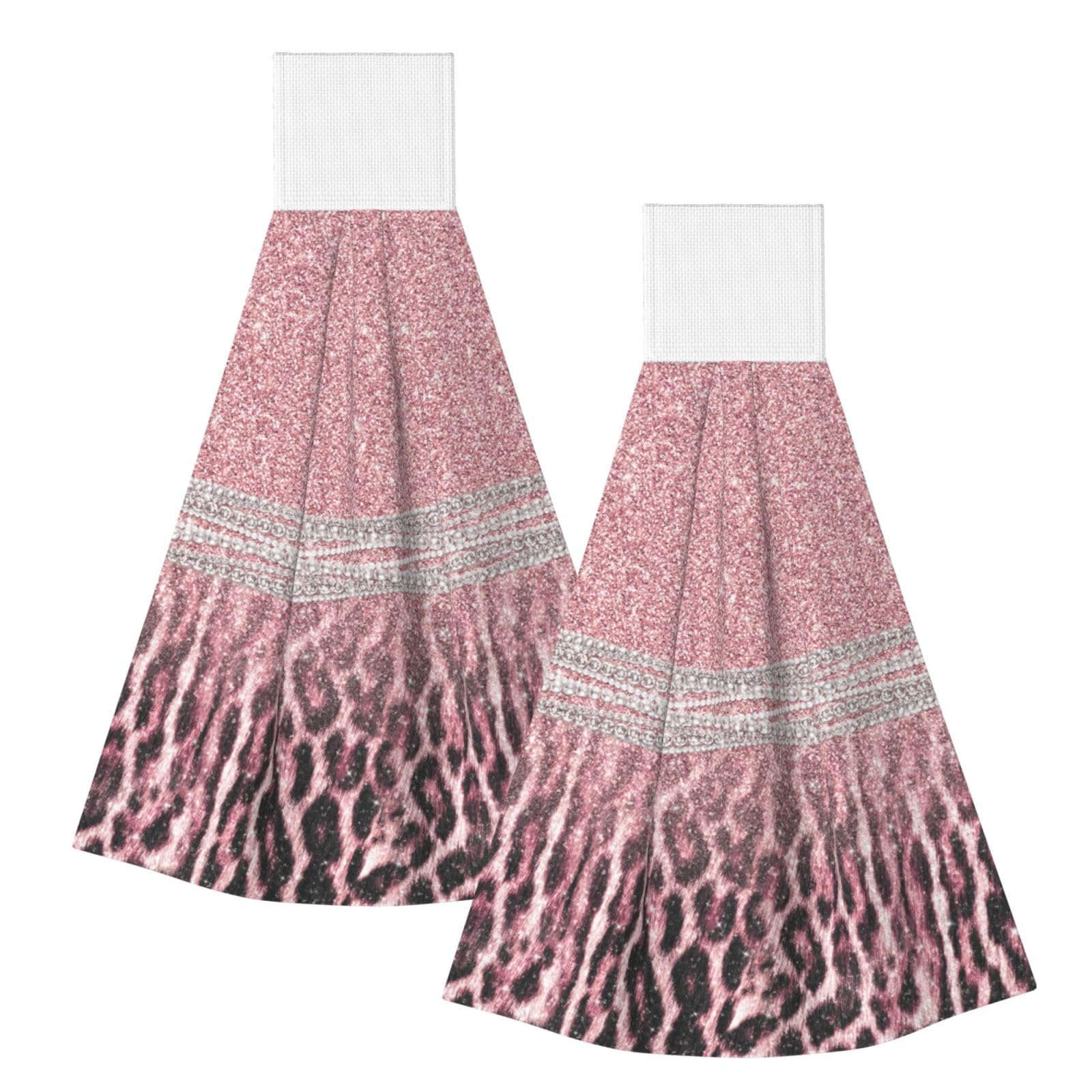 DOPKLNA Chic Girly Pink Leopard Animal Print Glitter, 2 Pcs Hanging Coral Fiber Hand Towels for Bathroom, Absorbent Kitchen Towels
