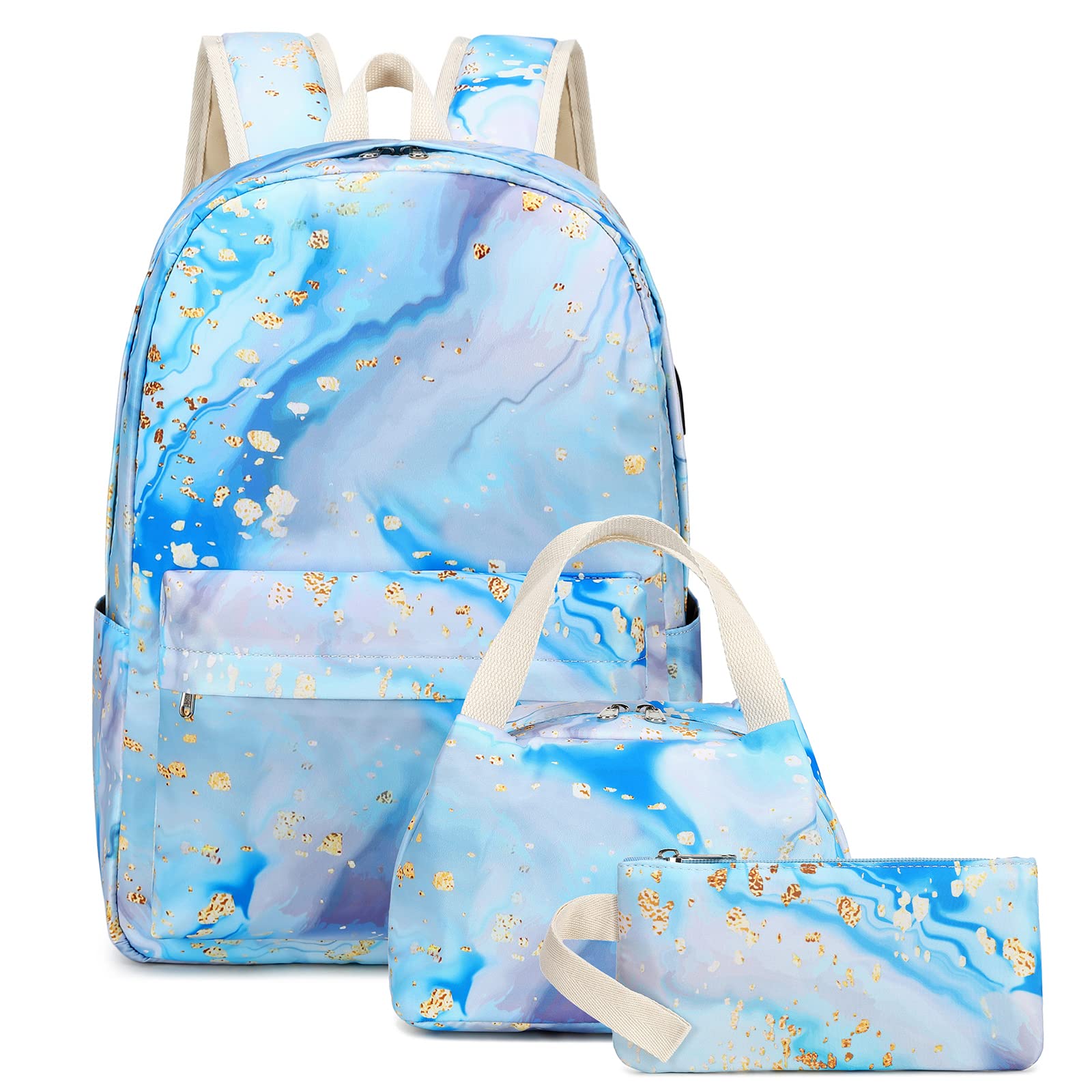 FADOVYE Teen Girls School Backpack Kids Bookbag Set with Lunch Box Pencil Case, Travel Laptop Backpack Casual Daypacks (Blue-marble)