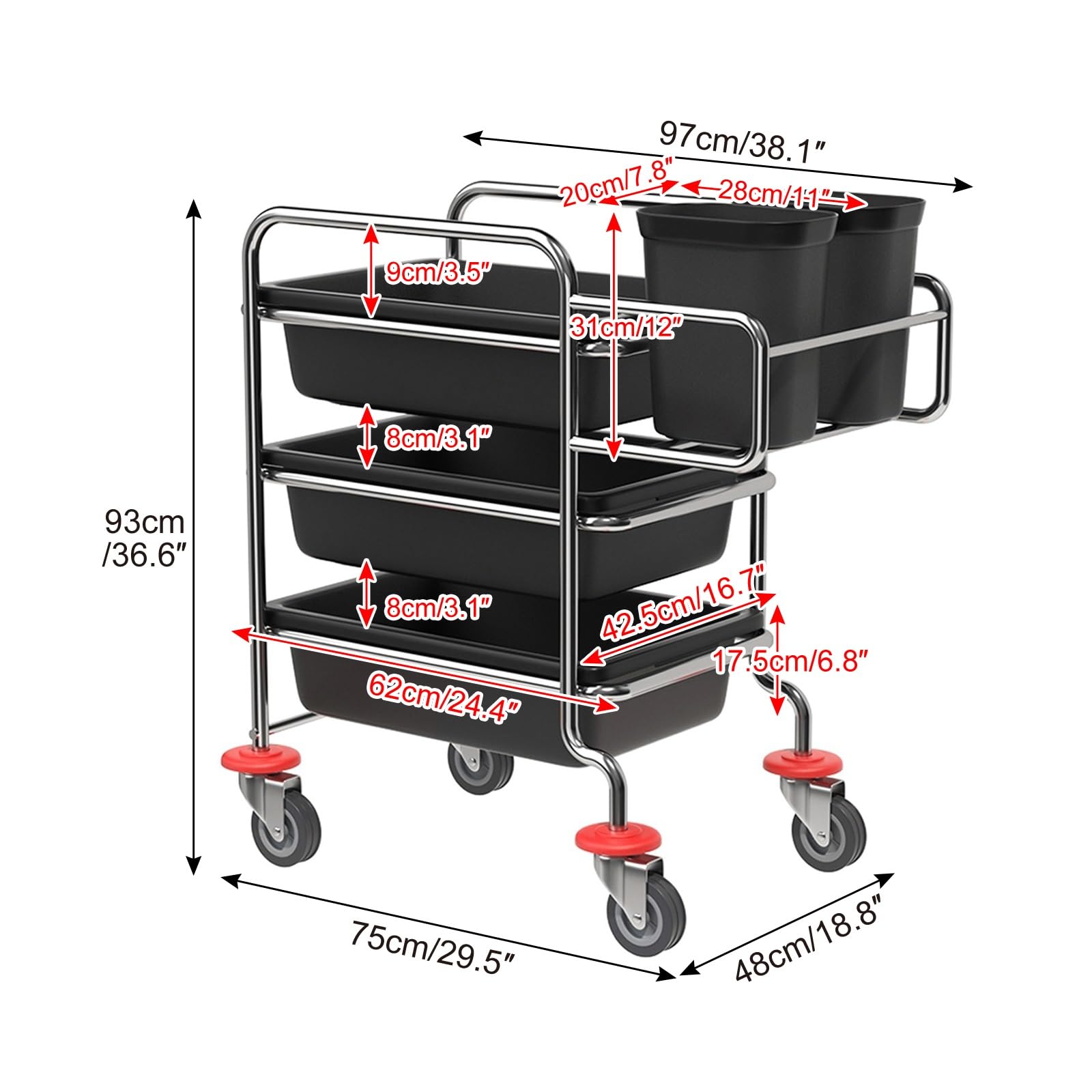 Carrito Cocina for Recoger Platos, Carro de Recogida de Platos de Acero Inoxidable, Camarera con Ruedas, for escuelas, Restaurantes(Black)