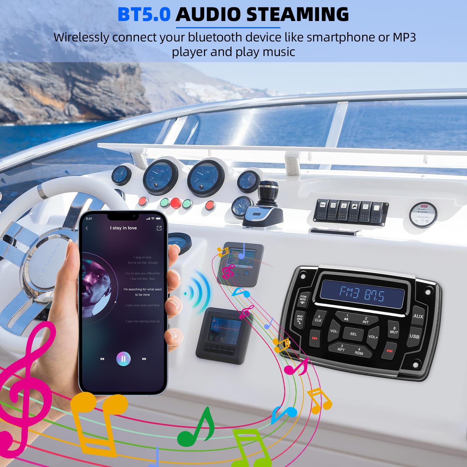 Geloo Barca Marine Stereo Impermeabile Lettore MP3 AM/FM Radio Nautica per barca, Stereo Media Ricevitore Yacht Funzione di Chiamata in Vivavoce per Barche, Yacht Marine