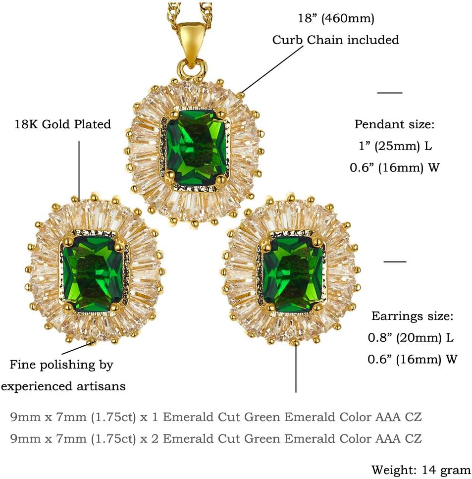 RIZILIA Rectangular Radiant Cut Birthstone Jewelry Set for Women - Multi Color Options - 14K Yellow Gold Plated Pendant Necklace Stud Earrings, 18"+2" Chain - Gift Boxed for Her, Mother - Image 2