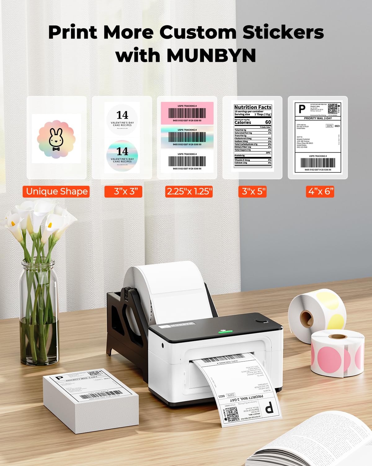 MUNBYN 300DPI Bluetooth Stampante Etichette Spedizione 4x6 per Spedizioni Affrancature Indirizzi uso domestico e piccole imprese, Compatibile con Etsy/Shopify/Amazon/FedEx/UPS, 941BP, Bianco