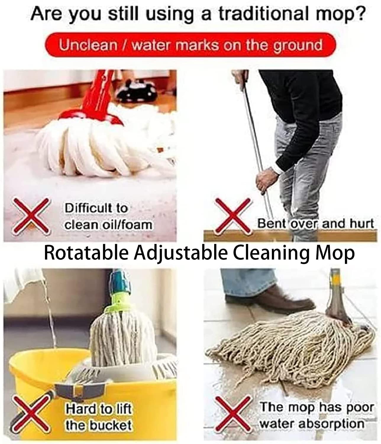 360° Rotatable Wall & Ceiling Mop - 74in Extendable Handle, 4 Removable Poles & 4 Microfiber Heads For Wet/Dry Cleaning