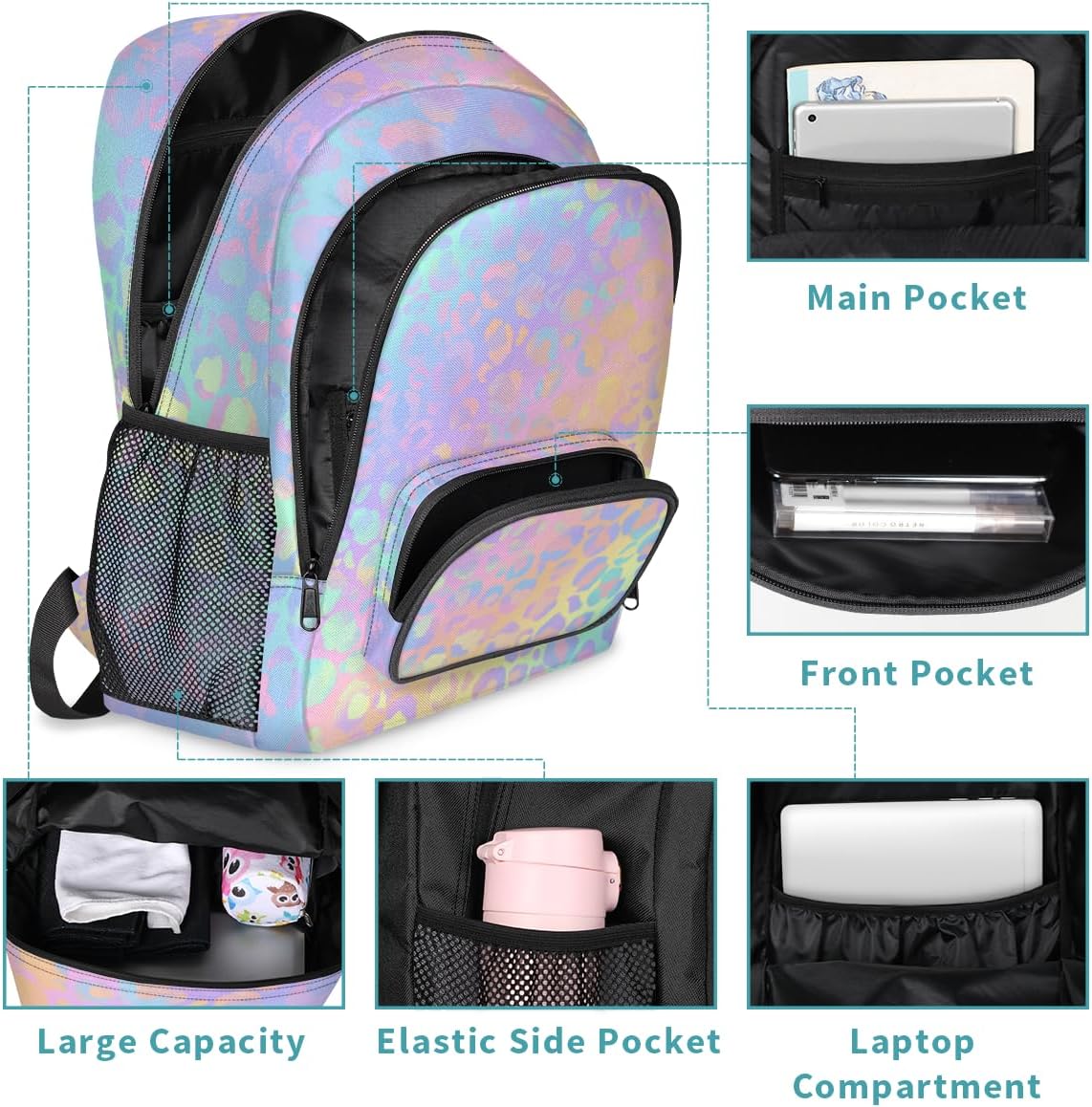School Backpack Casual Bookbag with Multiple Pockets 18 inch Laptop Backpacks for Travel Hiking, Schoolbag for Students Girls Boys Women Men, Colorful Leopard Print - Image 3