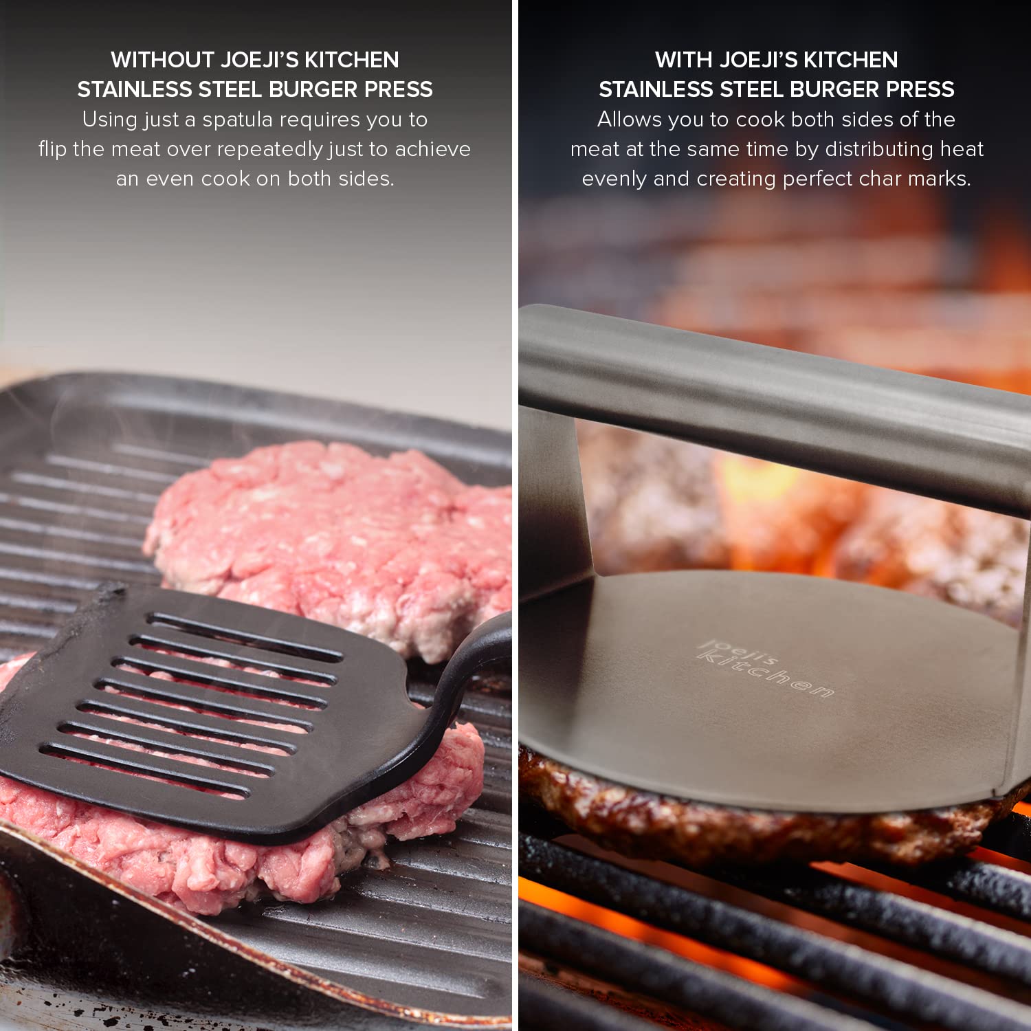 joeji's Kitchen Prasa do hamburgerów ze stali nierdzewnej, 14 cm - Smash Burger do grillowania, do perfekcyjnie mielonego steku i soczystych burgerów…