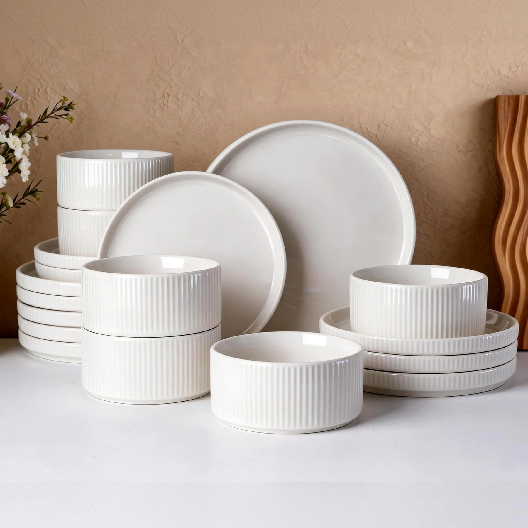 Richmount Star Dinner Sets for 6 People, 18-Piece Modern Porcelain Plates and Bowls Set with Rust-Red Trim, Chip Resistant Dinnerware, Microwave &Dishwasher Safe, Ceramic Dish Set Service for 6, White โ image 1