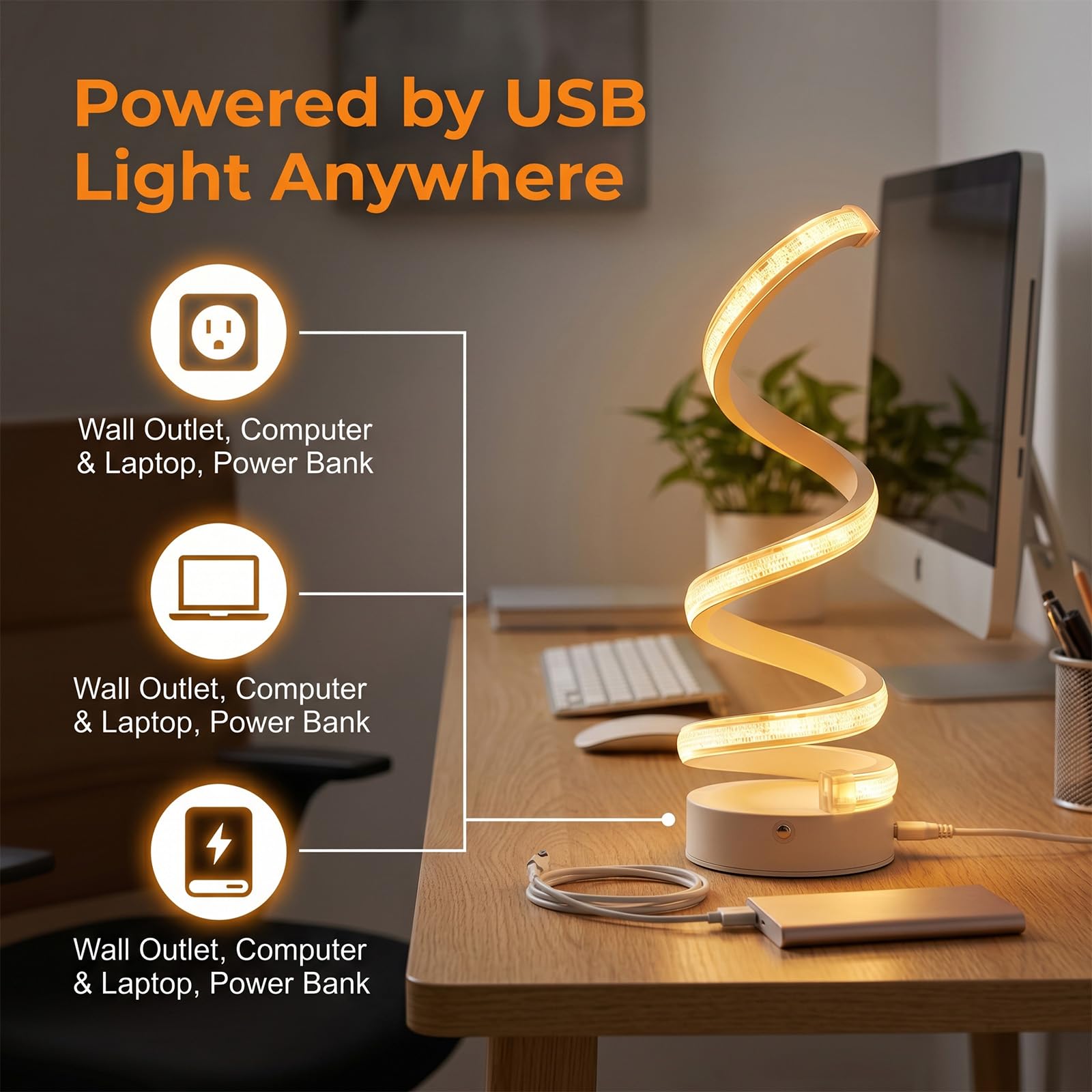 Set 2 Lampade da Tavolo LED a Spirale USB, Autonomia Wireless | ABS, Per Camera e Soggiorno, Touch Dimmer, 3 Temperature Colore, USB-C