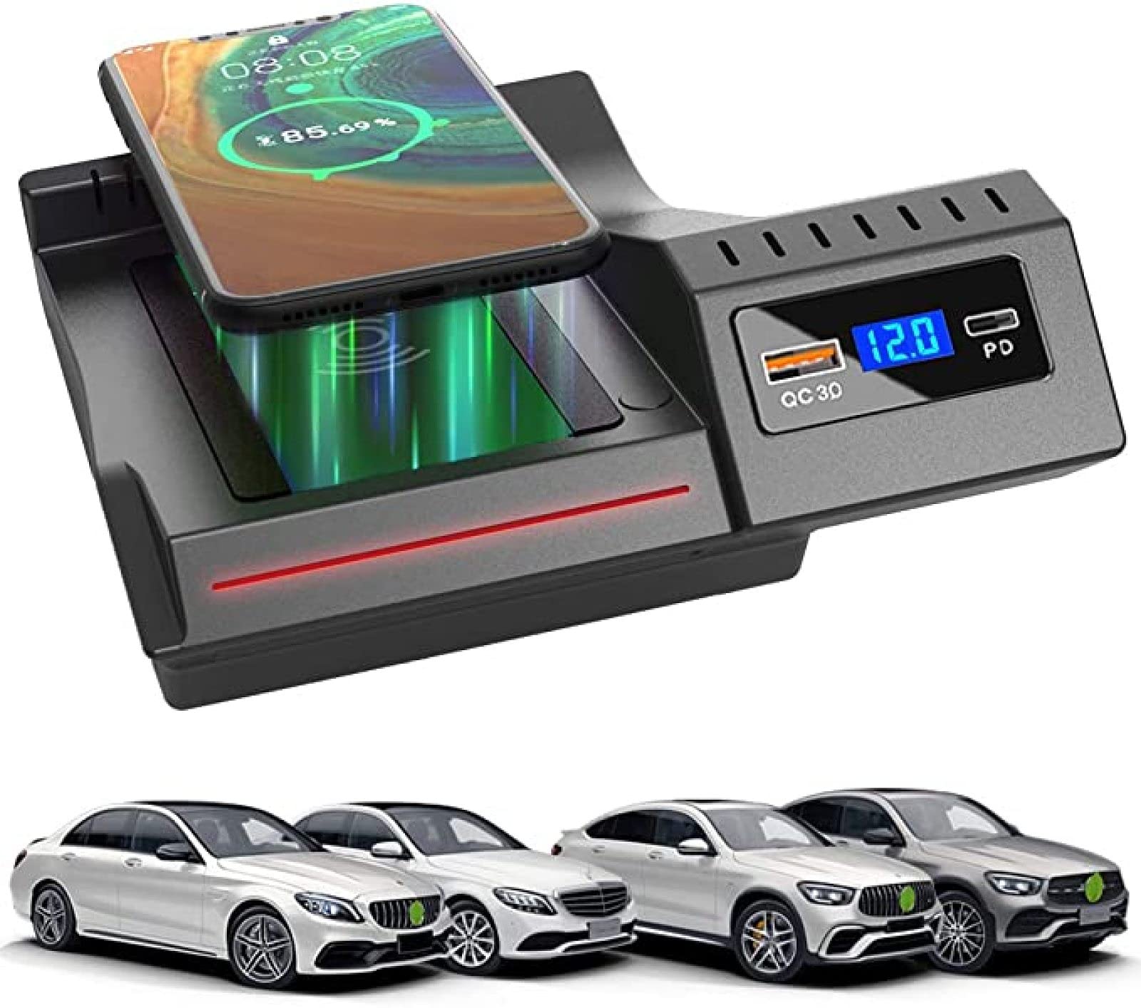 Cargador de Coche inalámbrico para Clase C GLC 2016 2017 2018 2019 2020 2021 con USB QC3.0 y Puerto PD de 18 W, Plataforma de Carga inalámbrica rápida para teléfono móvil de 15 W (conexión de p