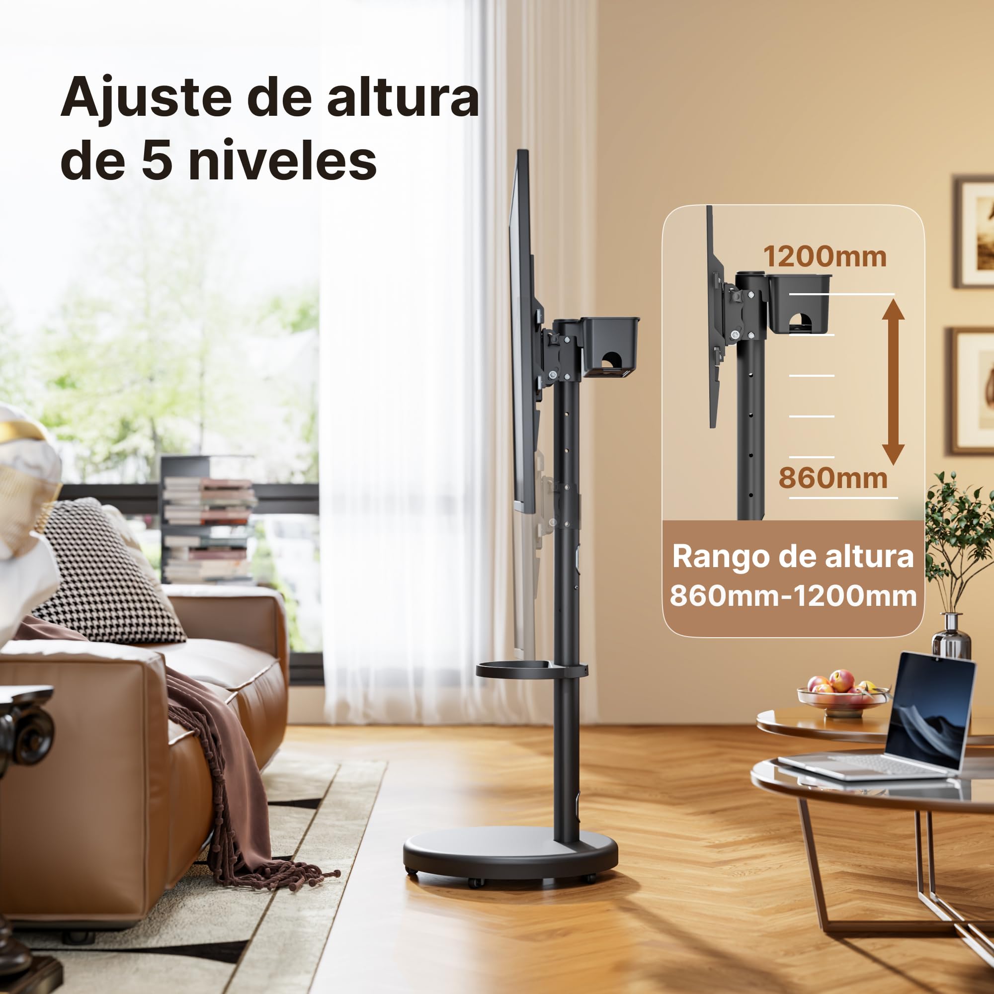 Soporte de TV ajustable con ruedas para televisores de 37 a 86 pulgadas, capacidad de carga de 50 kg, formato vertical y horizontal, carrito de TV móvil estable con estante, máx. VESA 600 x