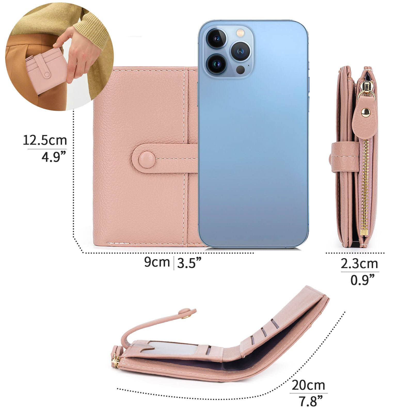 HKCLUF Portafoglio Donna Piccolo, RFID Portamonete in Pelle Cerniera Porta Carte di Credito con Tanti Scomparti(A04-Rosa)