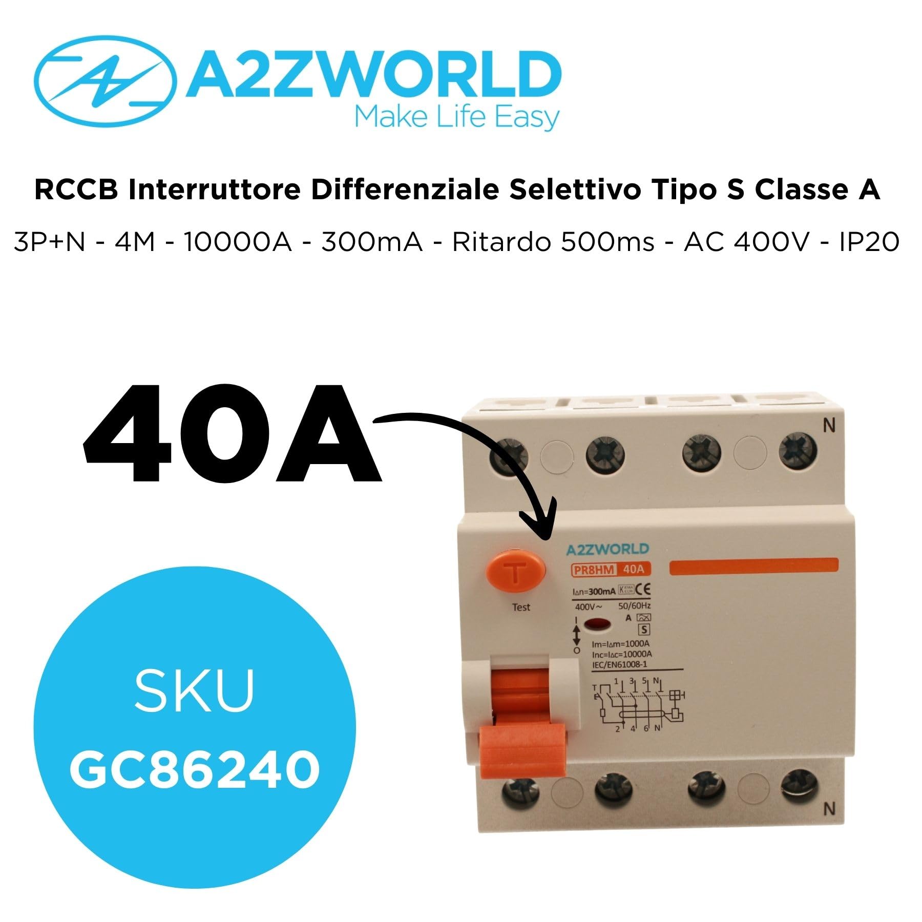 Interruttore Differenziale Selettivo Trifase 40A, RCCB Tipo S Classe A, 3P+N 10kA 300mA, Ritardo 500ms, 4 Moduli DIN 380V AC, Certificato IEC61008-1, Serie PR8HM Elettromagnetico