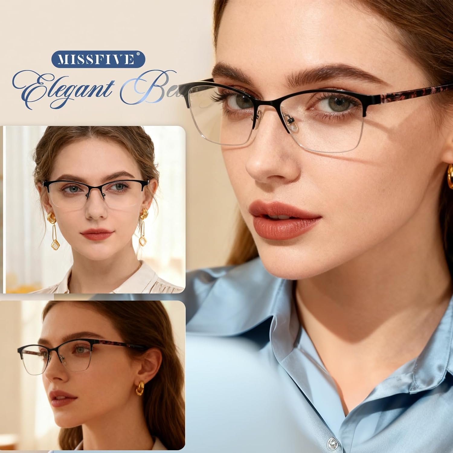 Missfive Premium Progressive Multifocus Metal Reading Glasses Women & A Case, Quality Spring Hinge Blue Light Blocking No Line Lens Multifocal Readers(for Mid-Near Workspace_3.0x_Classic Black) - Image 2