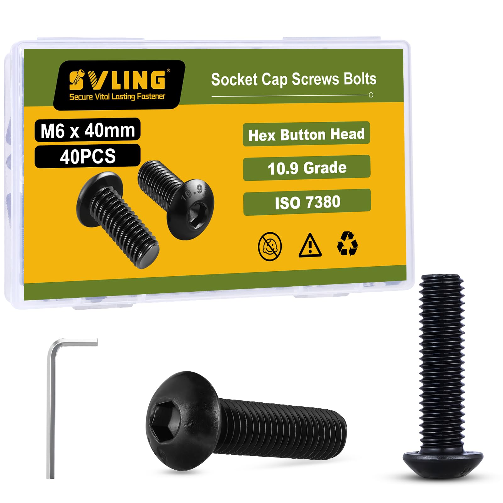 M6 x 40mm 40PCS Button Head Hex Socket Cap Screws Bolts, 10.9 Grade Alloy Steel, Allen Hex Drive, Full Thread, Black Oxide, with Hex Spanner