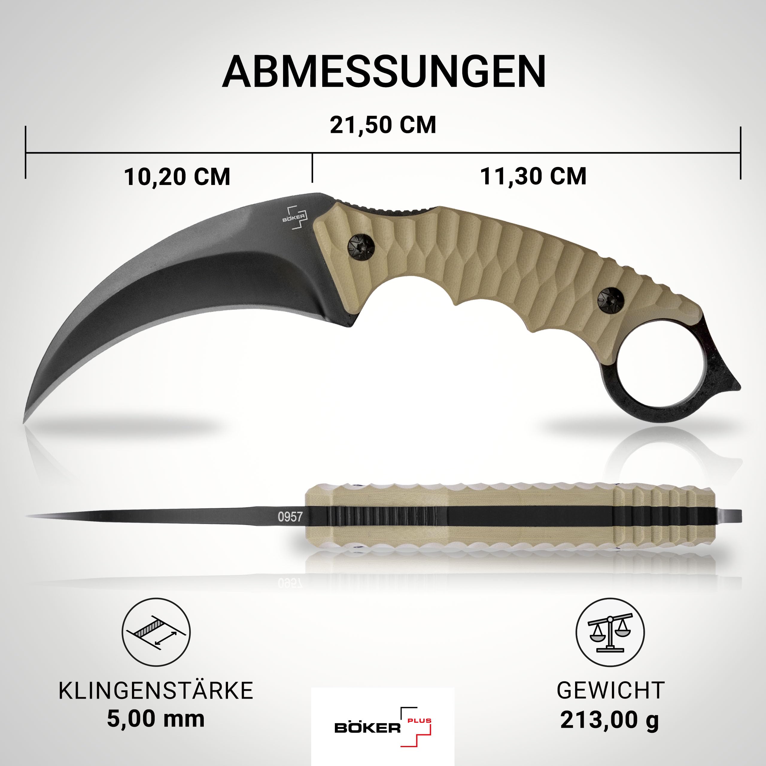 BÖKER PLUS Spike Karambit - Karambit Messer scharf - Fulltang Knife mit Sichel-Klinge schwarz - Hawkbill Messer mit Kydex-Scheide & Gürtel-Adapter - Profi Gürtelmesser mit Ring am G10 Griff-Ende