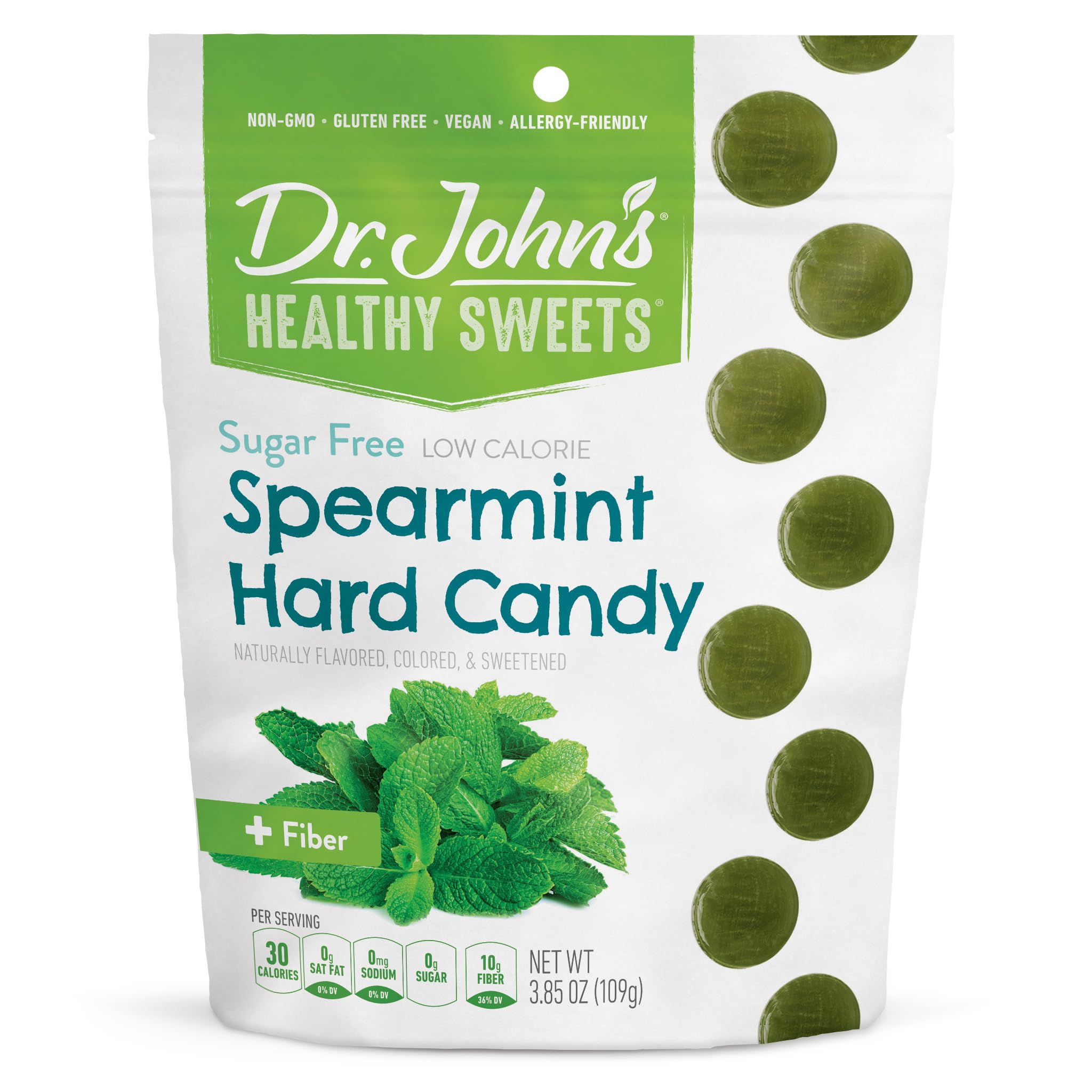 Dr. John's Healthy Sweets Spearmint Hard Candy with Zero Sugar, Dye-Free, Plant Based, Keto Friendly, 3.85oz Bag