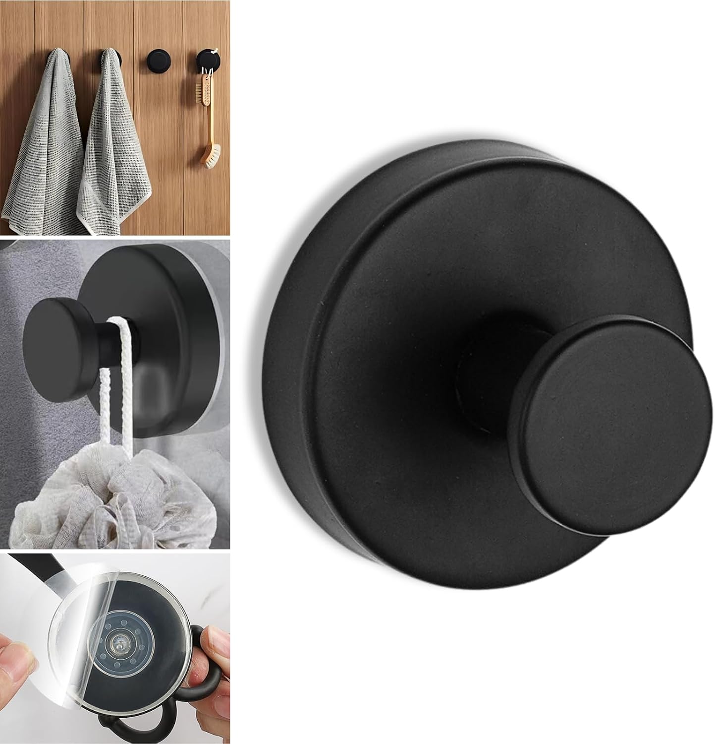 No-Drill Suction Hooks, Stainless Steel Waterproof Hooks for Bathroom,Shower,Kitchen,and Mirrors–Heavy Duty Towel Holders(Multipack, Matte Black)