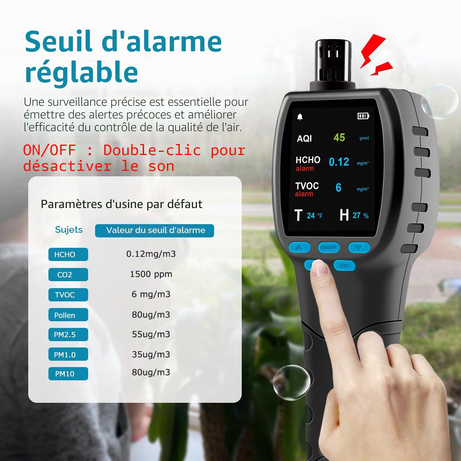 CF‑60 PP Moniteur de qualité de l'air portatif avec Graphiques de données sur l'appareil et rapports exportables, détecteur Portable 16 en 1 pour AQI, CO2, TVOC, HCHO, PM2.5/10/1.0, Pollen